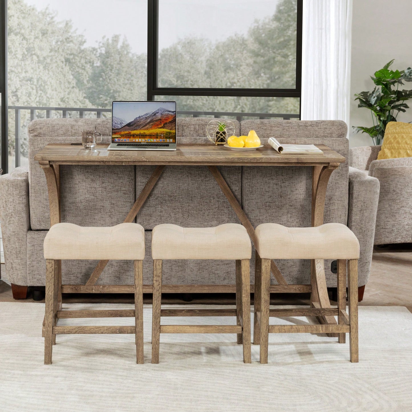 4-Piece Dark Gray Bar Table Set With Power Outlet And 3 Padded Stools For Dining Room Living Room Game Room