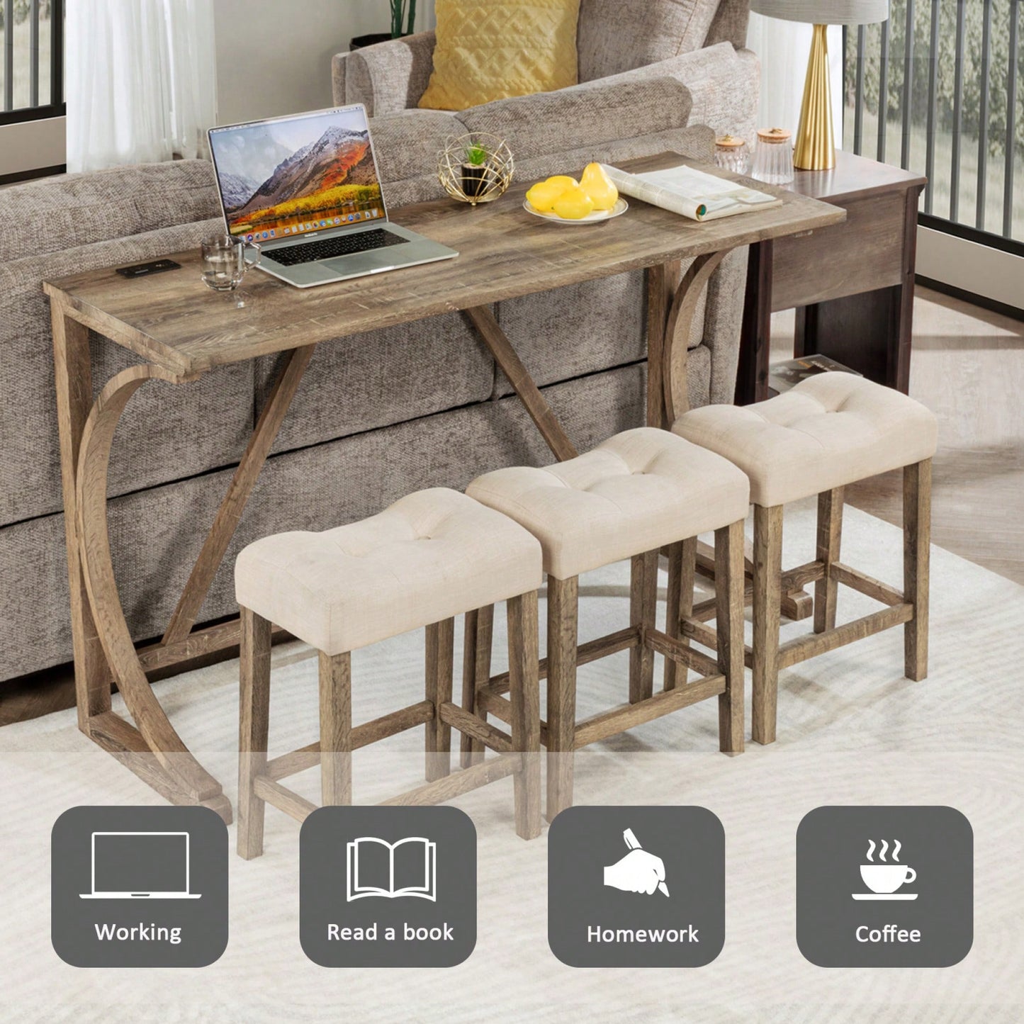 4-Piece Dark Gray Bar Table Set With Power Outlet And 3 Padded Stools For Dining Room Living Room Game Room