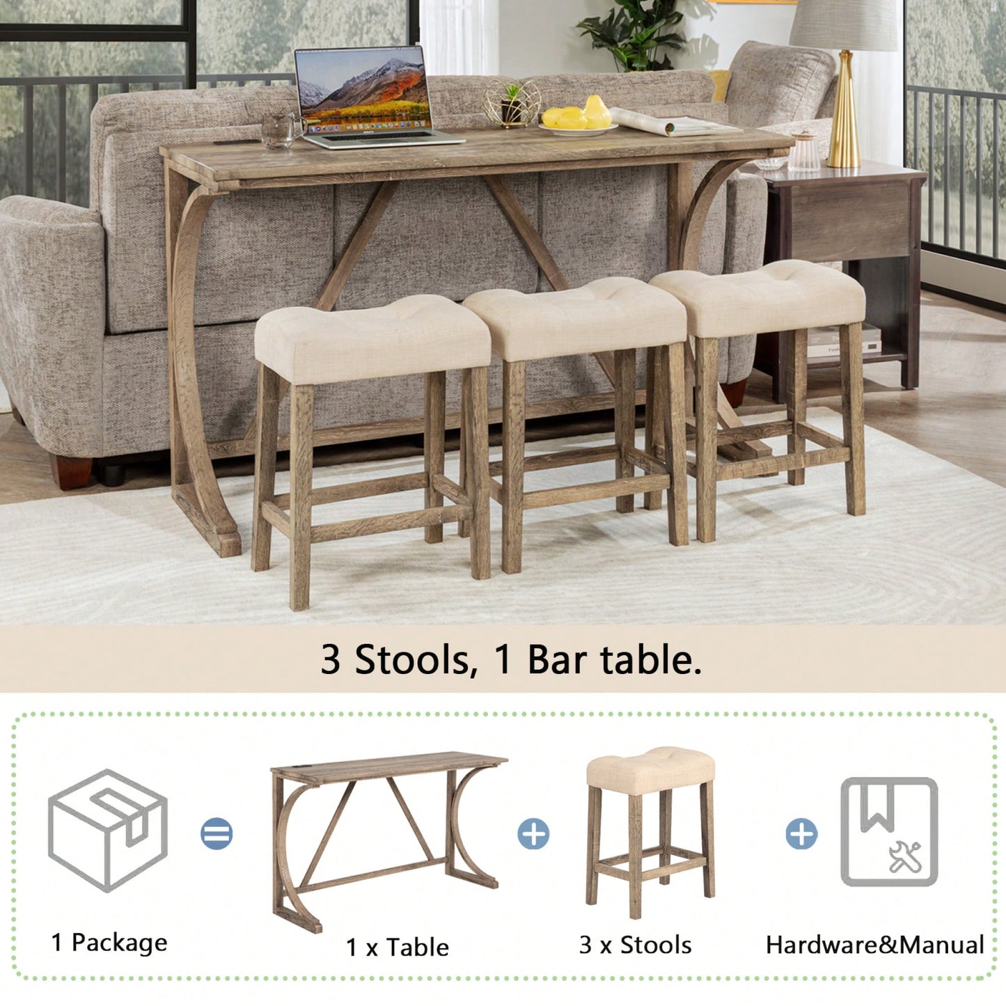 4-Piece Dark Gray Bar Table Set With Power Outlet And 3 Padded Stools For Dining Room Living Room Game Room