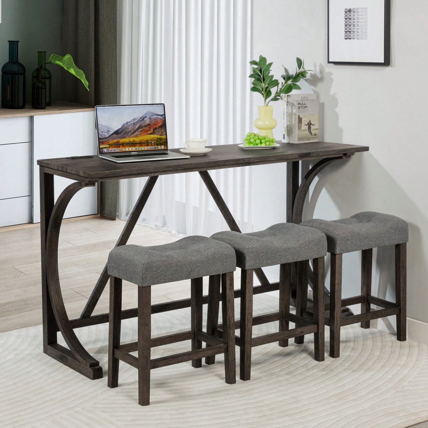 4-Piece Dark Gray Bar Table Set With Power Outlet And 3 Padded Stools For Dining Room Living Room Game Room