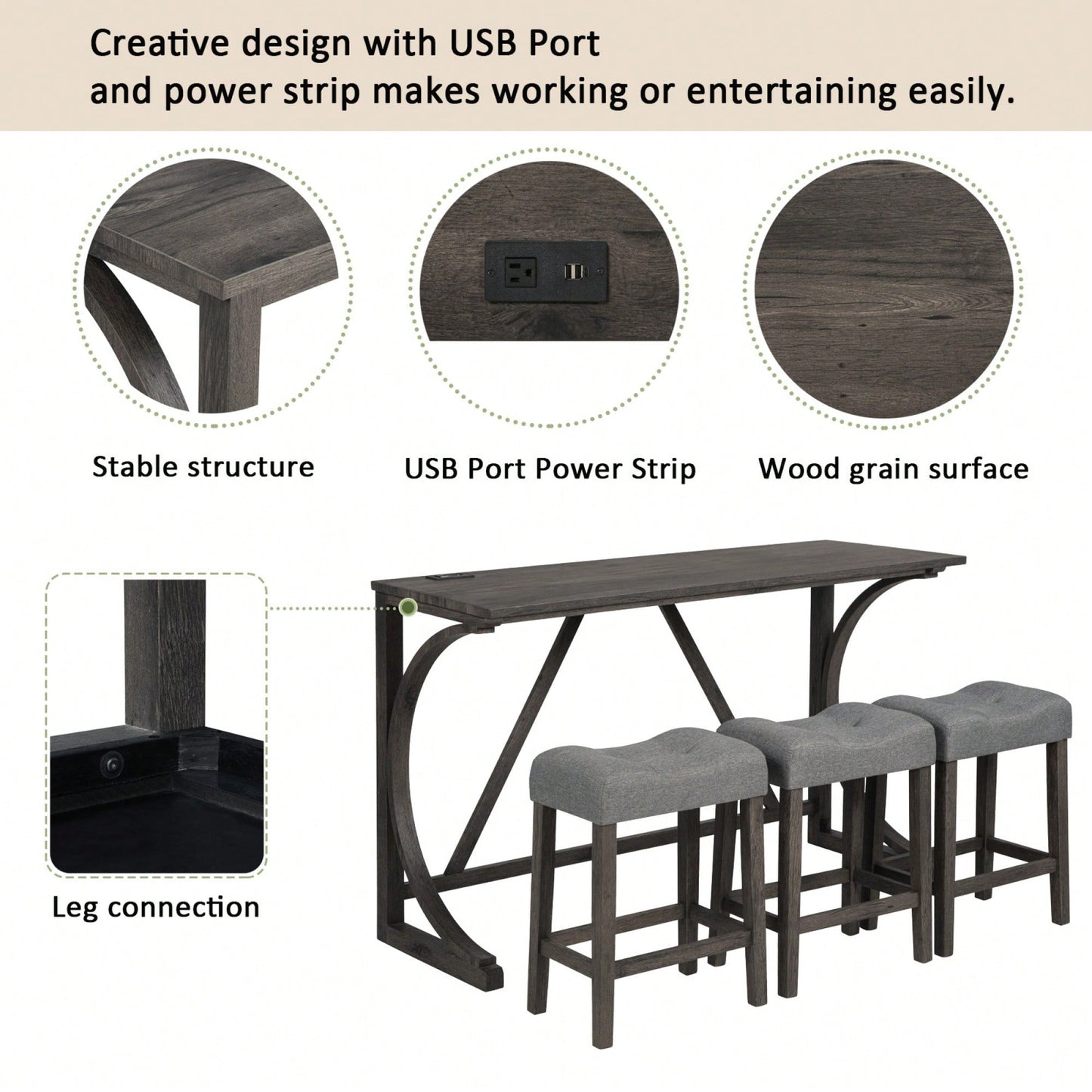 4-Piece Dark Gray Bar Table Set With Power Outlet And 3 Padded Stools For Dining Room Living Room Game Room