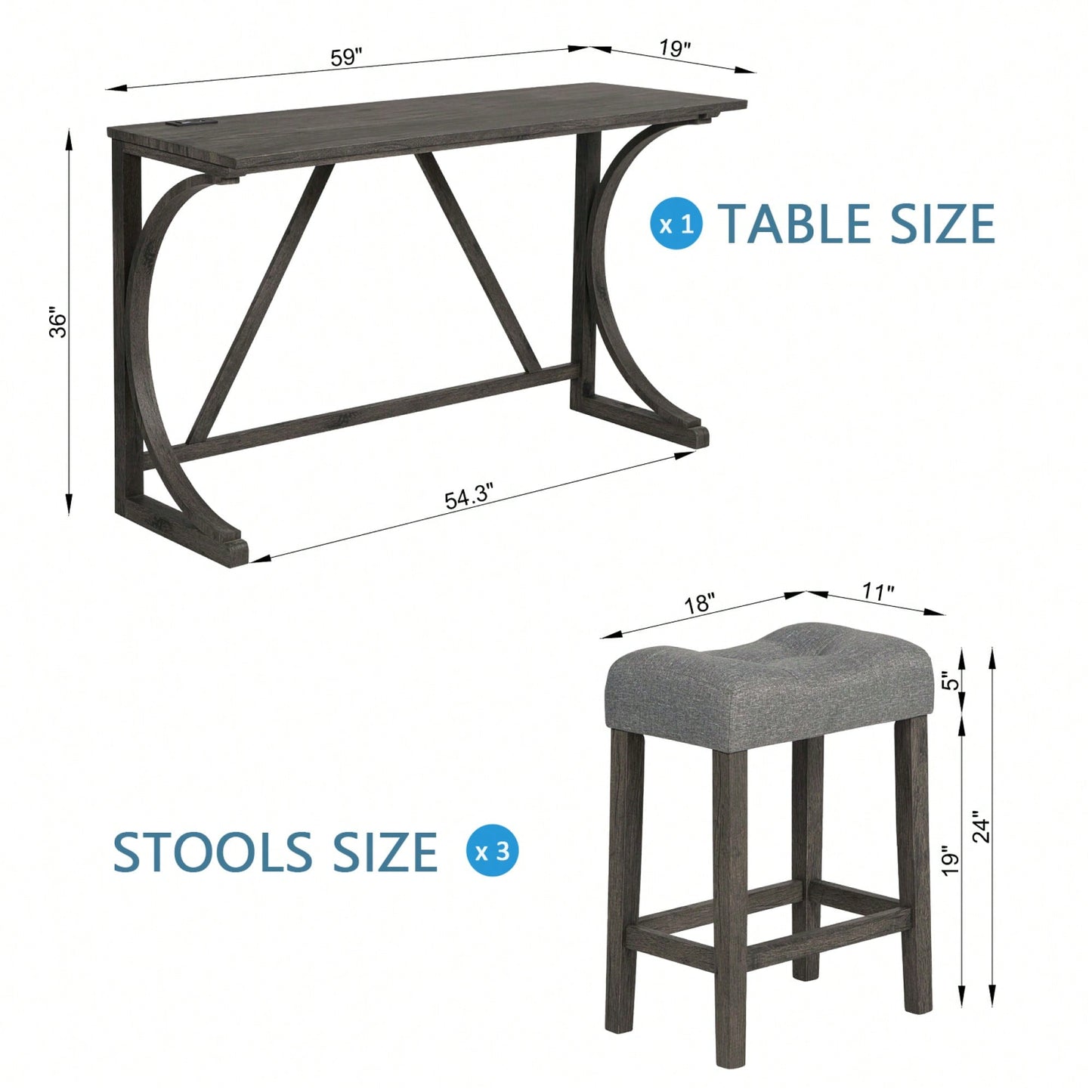 4-Piece Dark Gray Bar Table Set With Power Outlet And 3 Padded Stools For Dining Room Living Room Game Room