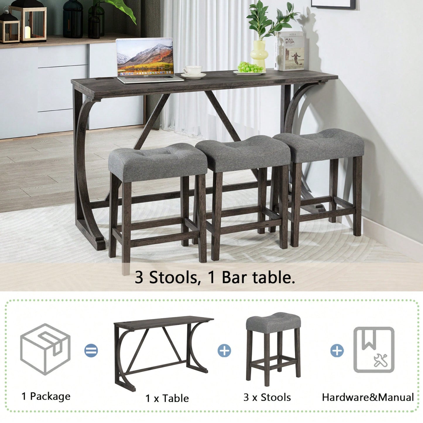 4-Piece Dark Gray Bar Table Set With Power Outlet And 3 Padded Stools For Dining Room Living Room Game Room