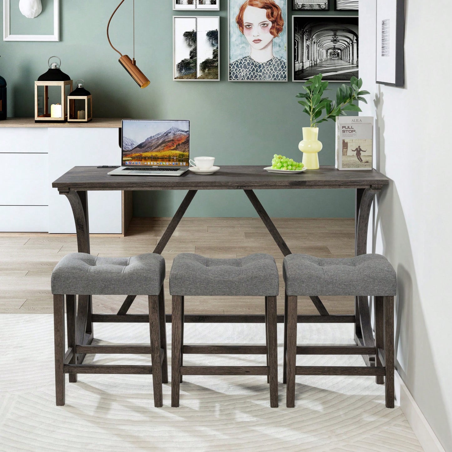 4-Piece Dark Gray Bar Table Set With Power Outlet And 3 Padded Stools For Dining Room Living Room Game Room