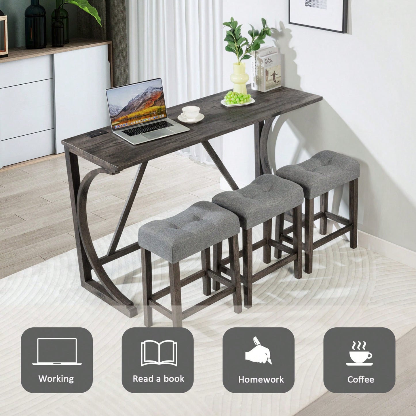4-Piece Dark Gray Bar Table Set With Power Outlet And 3 Padded Stools For Dining Room Living Room Game Room