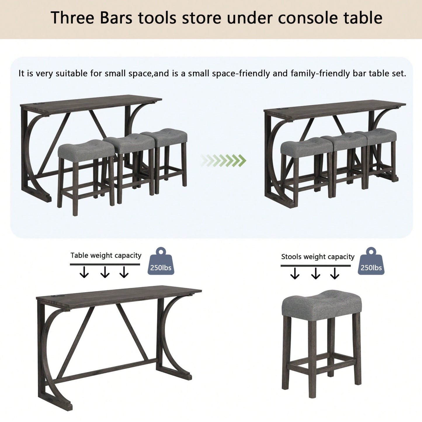 4-Piece Dark Gray Bar Table Set With Power Outlet And 3 Padded Stools For Dining Room Living Room Game Room