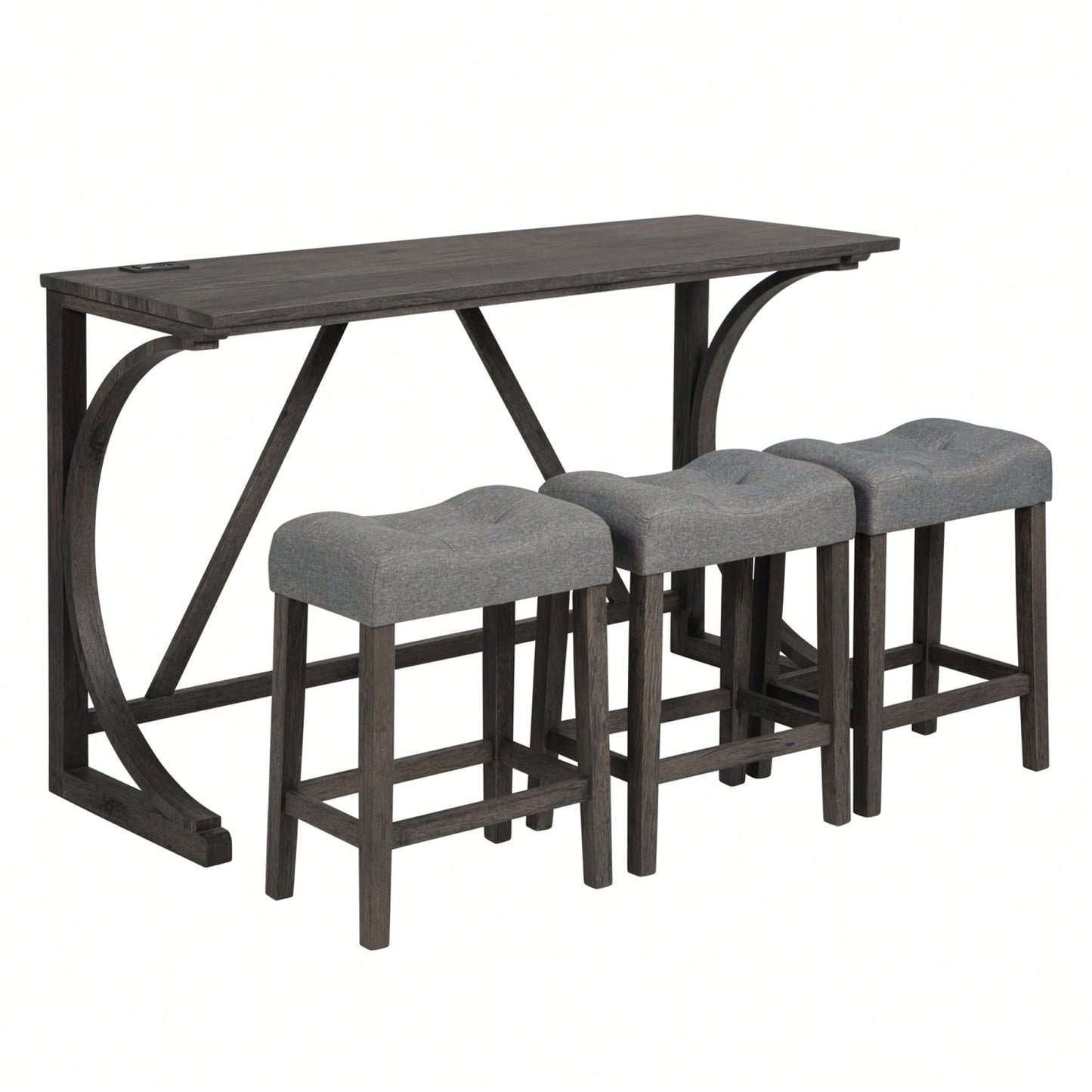 4-Piece Dark Gray Bar Table Set With Power Outlet And 3 Padded Stools For Dining Room Living Room Game Room
