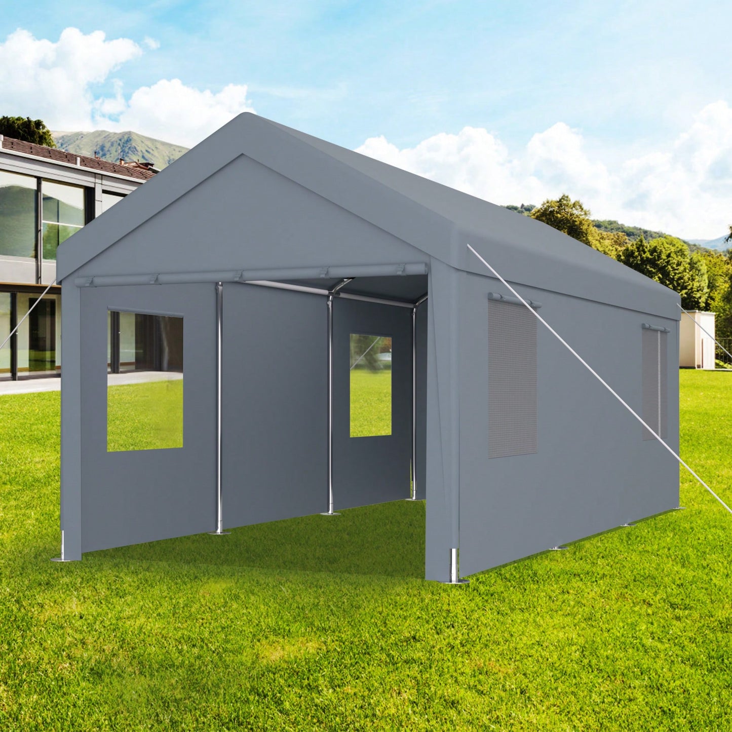 Heavy Duty Portable Carport Canopy 10x20 With Roll-Up Doors And Ventilated Windows For Cars Trucks Boats And Garden Tools Grey