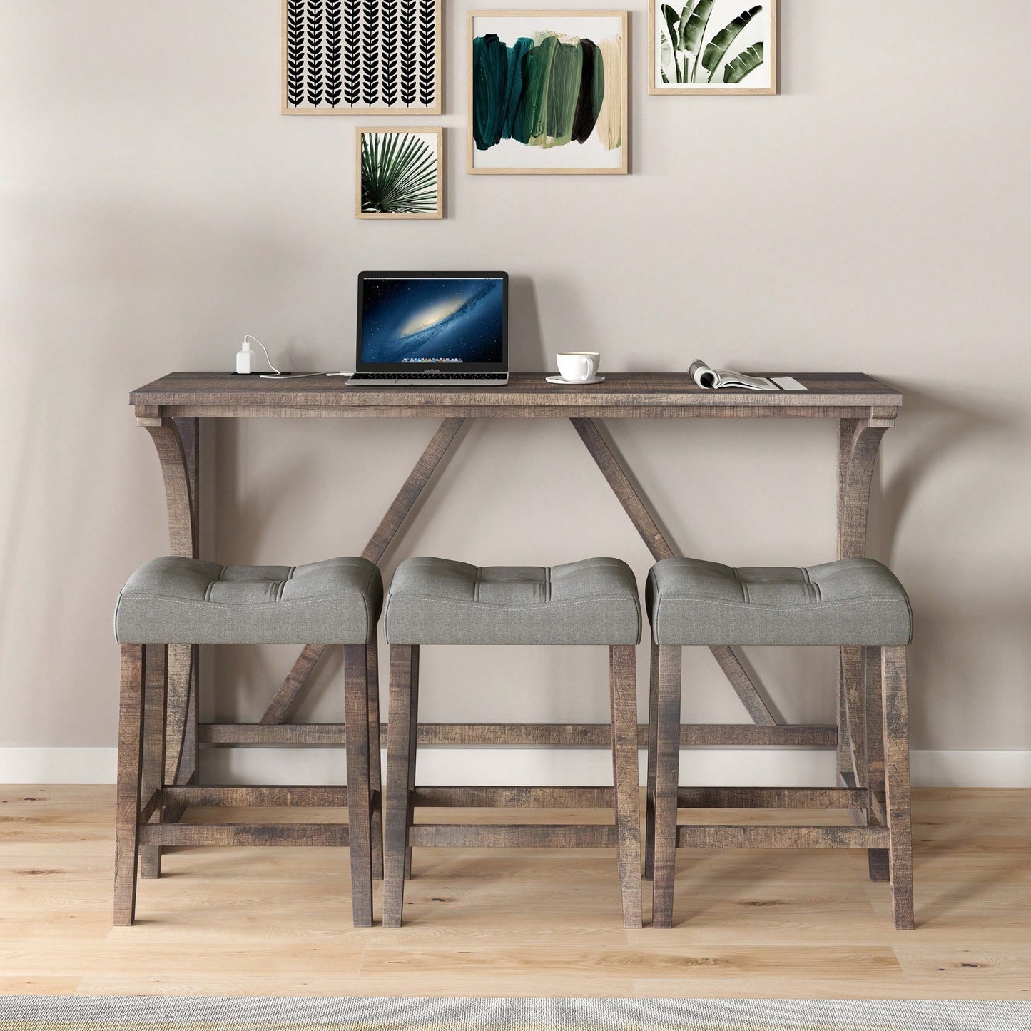 Industrial 4 Piece Bar Table Set With Power Outlet For Dining Room Living Room Game Room