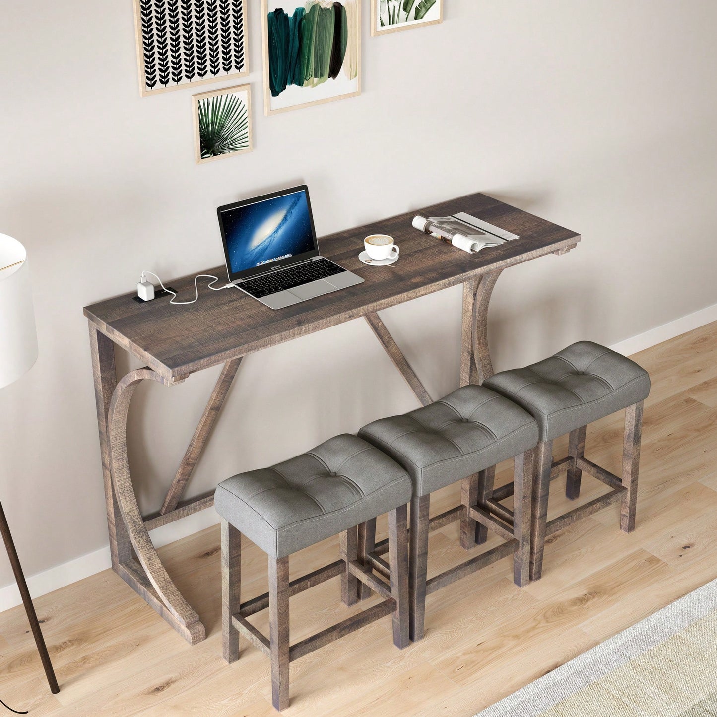 Industrial 4 Piece Bar Table Set With Power Outlet For Dining Room Living Room Game Room