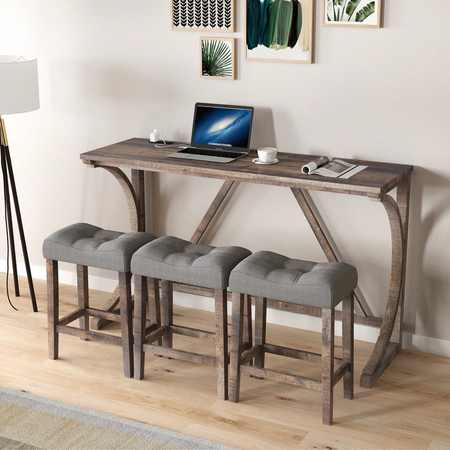 Industrial 4 Piece Bar Table Set With Power Outlet For Dining Room Living Room Game Room