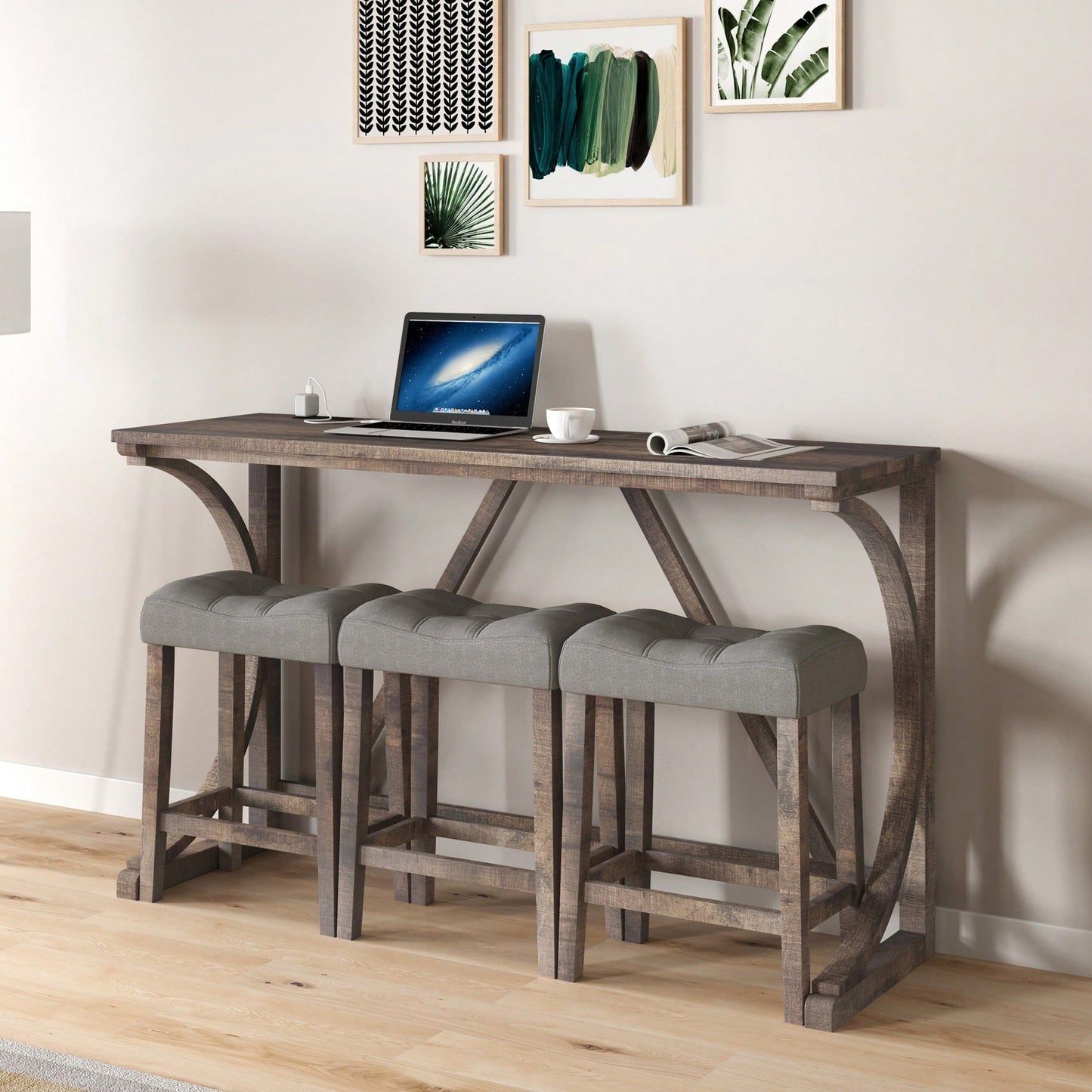 Industrial 4 Piece Bar Table Set With Power Outlet For Dining Room Living Room Game Room