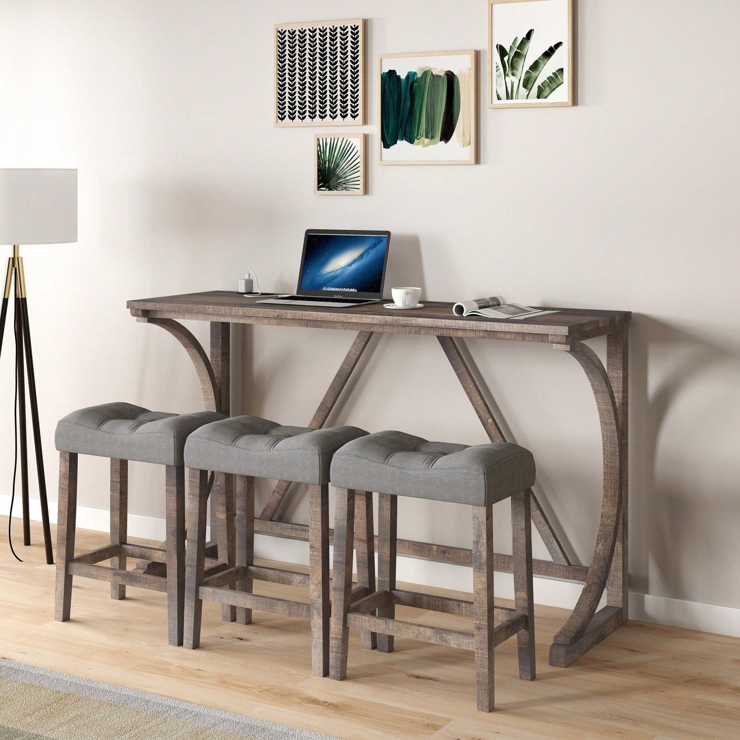 Industrial 4 Piece Bar Table Set With Power Outlet For Dining Room Living Room Game Room
