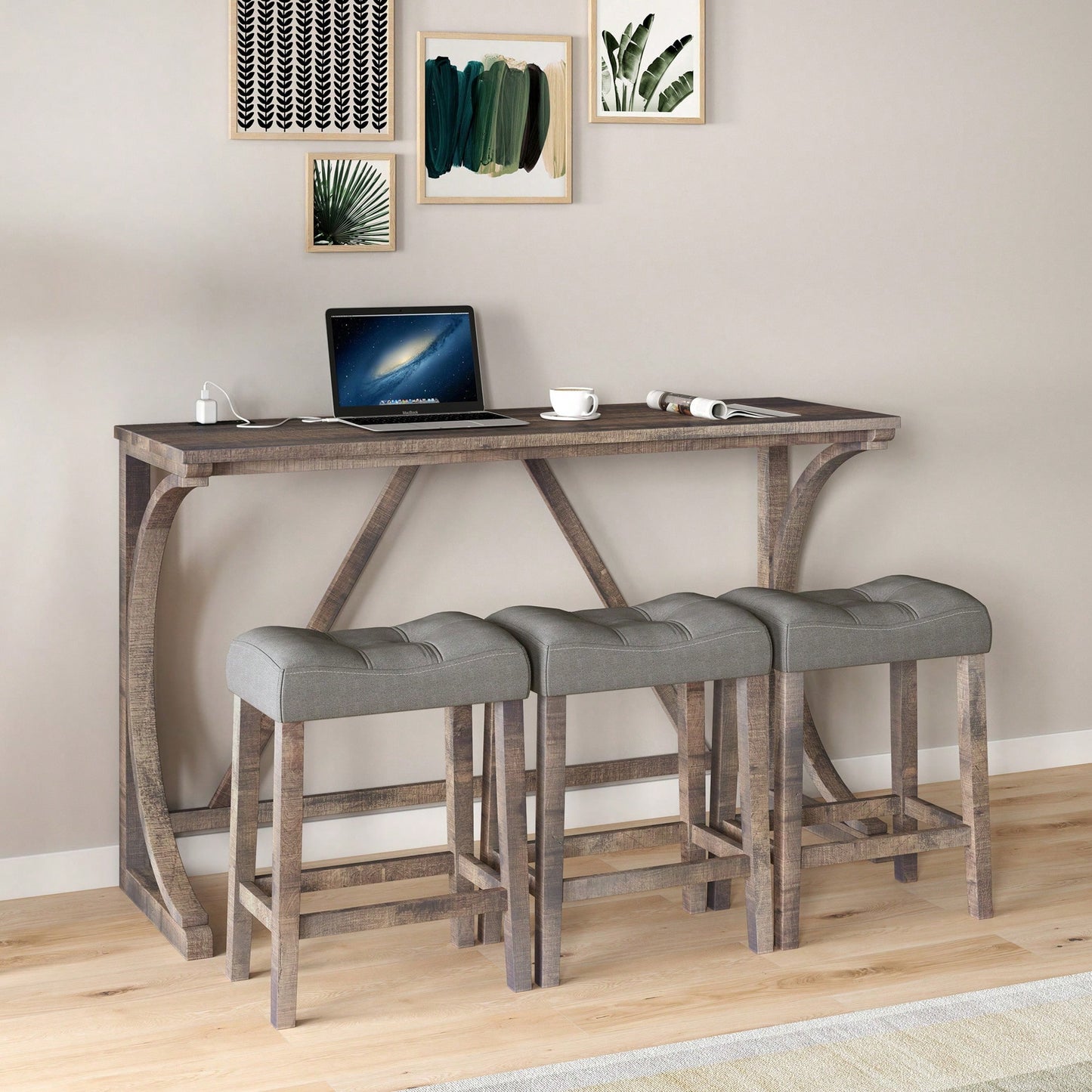 Industrial 4 Piece Bar Table Set With Power Outlet For Dining Room Living Room Game Room