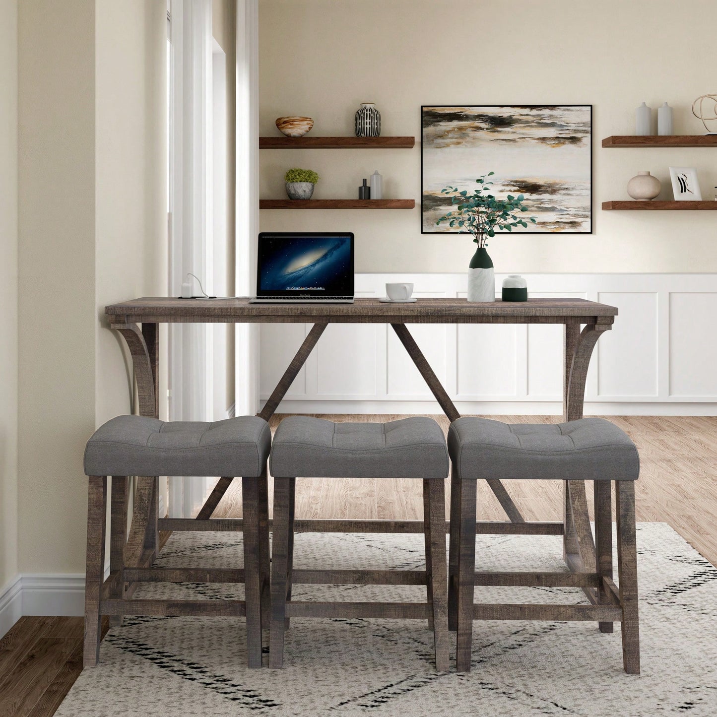 Industrial 4 Piece Bar Table Set With Power Outlet For Dining Room Living Room Game Room