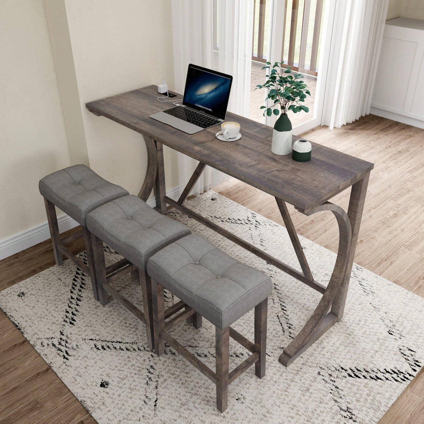 Industrial 4 Piece Bar Table Set With Power Outlet For Dining Room Living Room Game Room