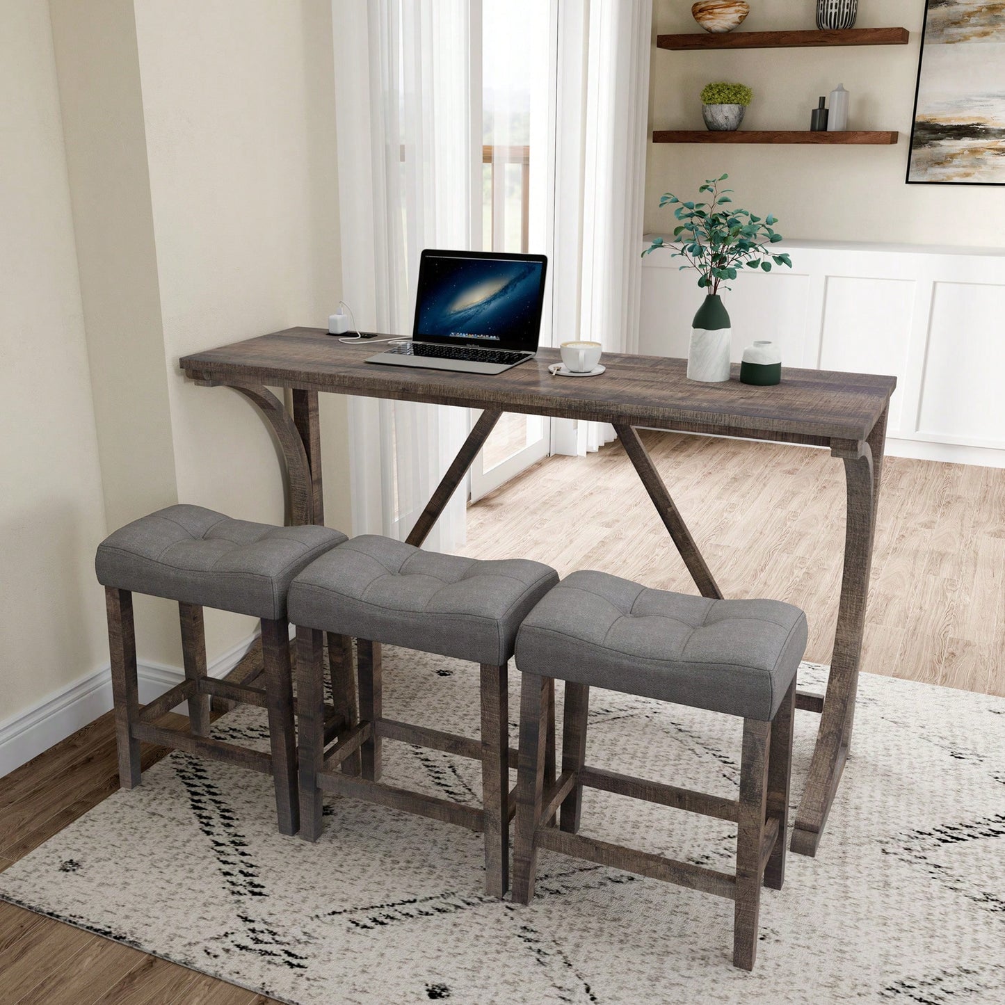 Industrial 4 Piece Bar Table Set With Power Outlet For Dining Room Living Room Game Room