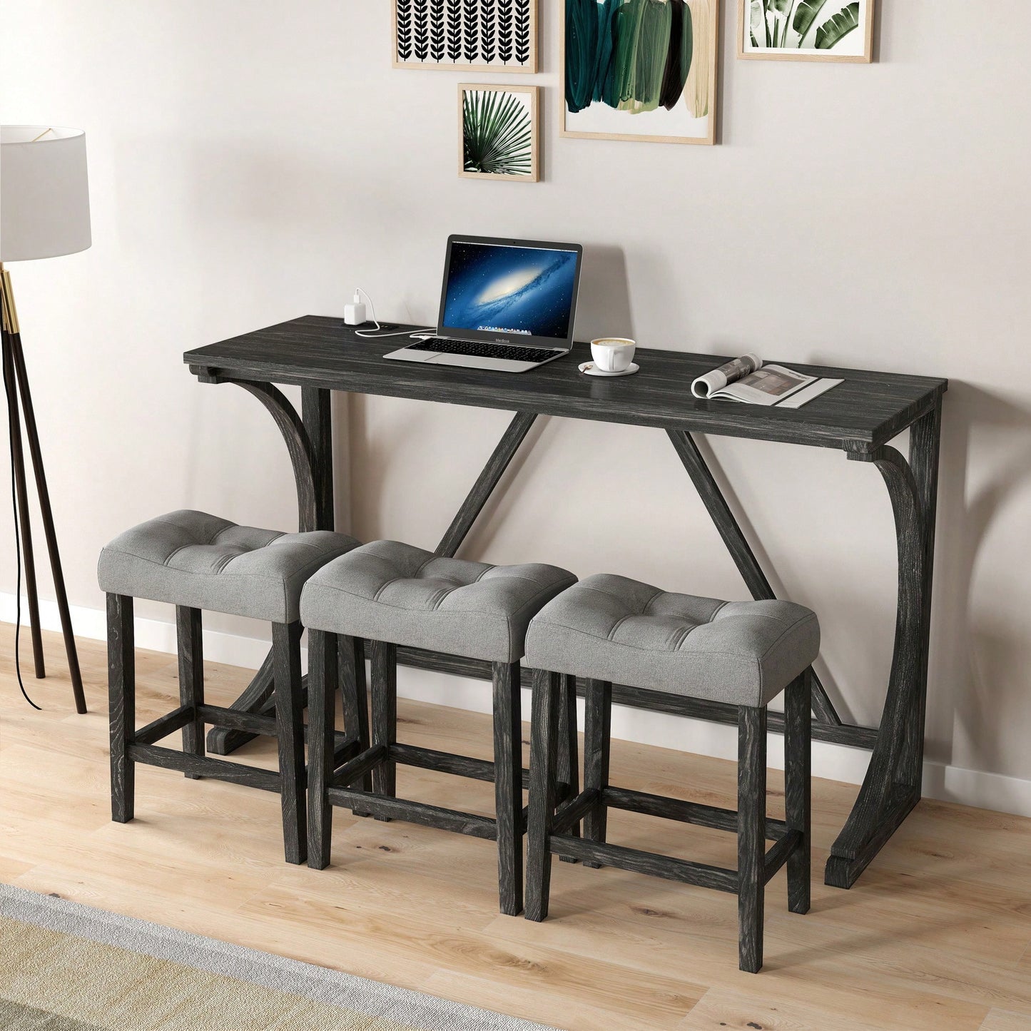Industrial 4 Piece Bar Table Set With Power Outlet For Dining Room Living Room Game Room