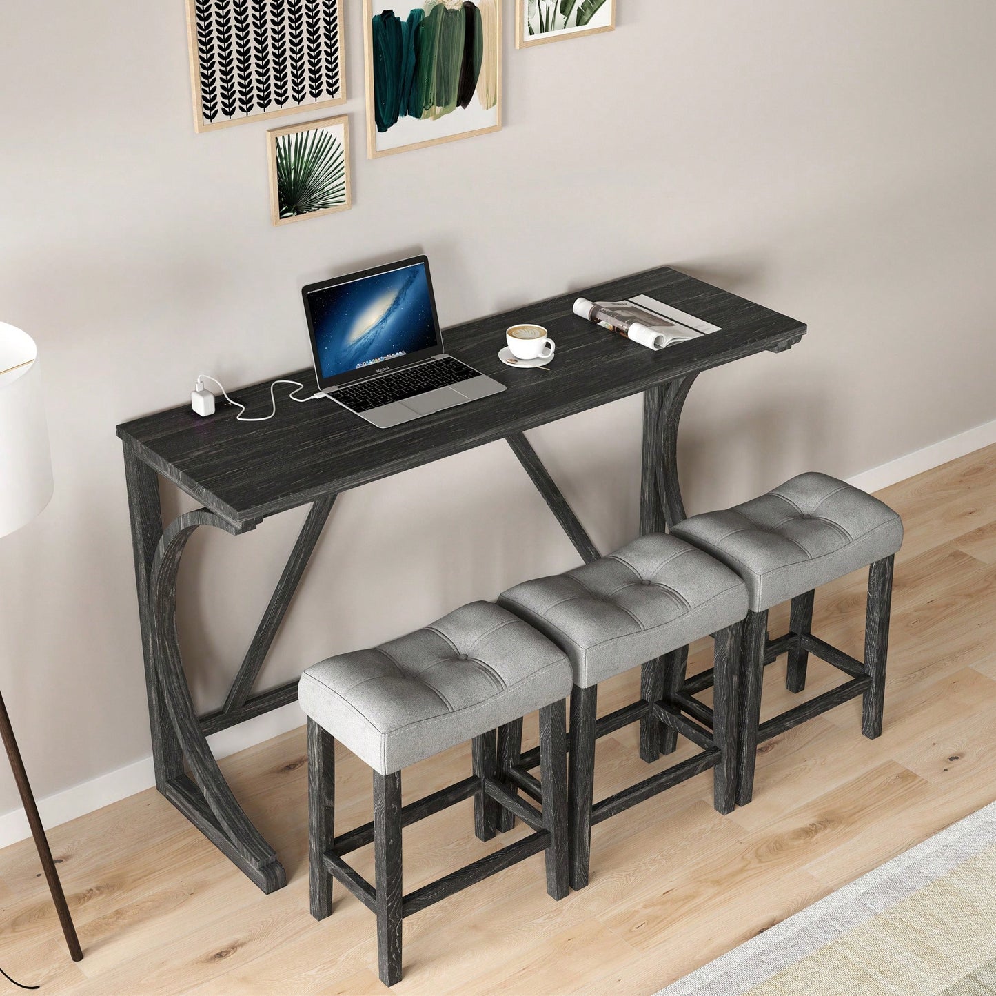 Industrial 4 Piece Bar Table Set With Power Outlet For Dining Room Living Room Game Room