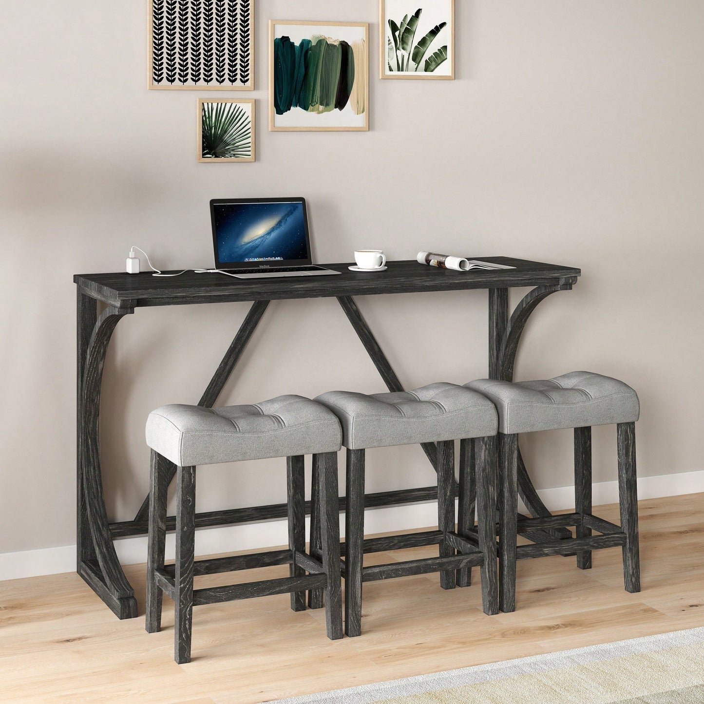 Industrial 4 Piece Bar Table Set With Power Outlet For Dining Room Living Room Game Room