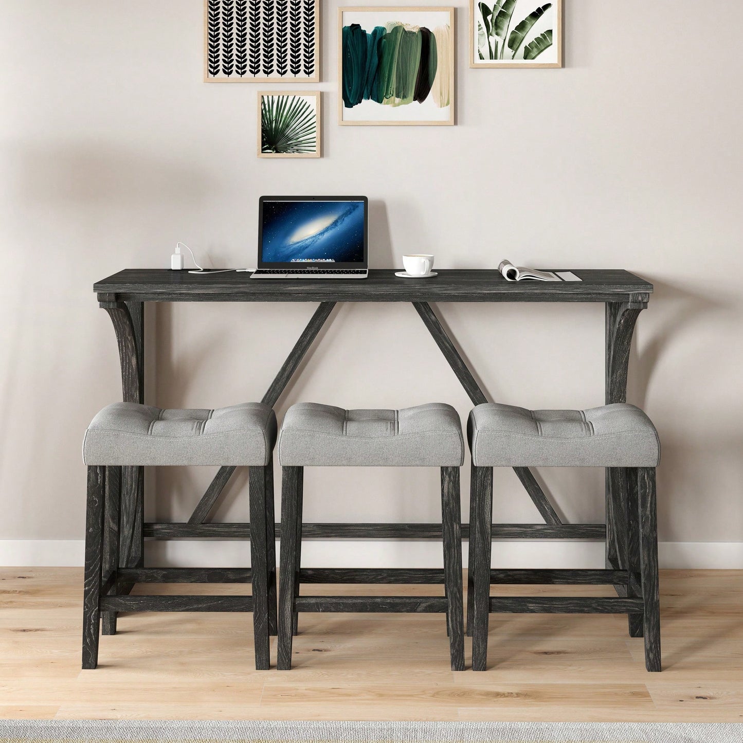 Industrial 4 Piece Bar Table Set With Power Outlet For Dining Room Living Room Game Room