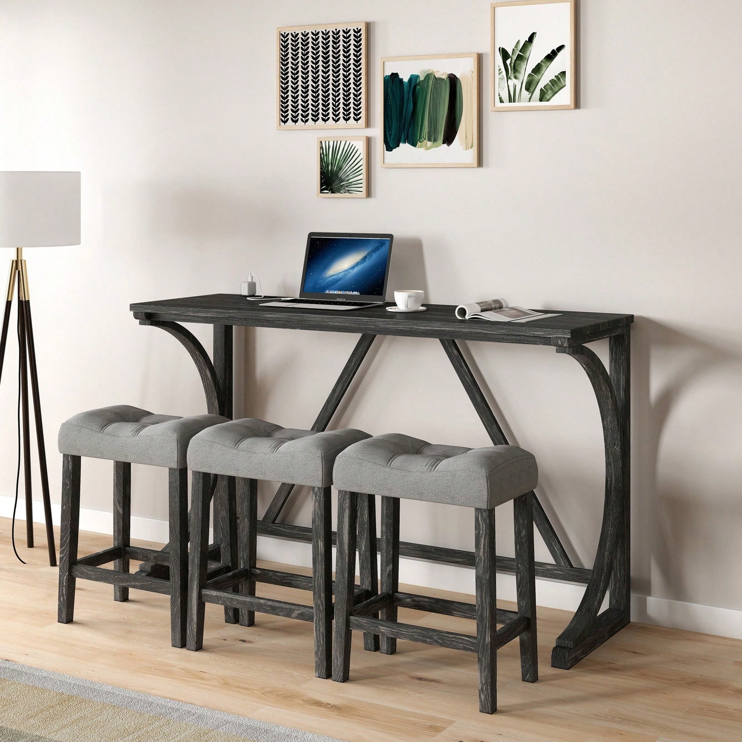 Industrial 4 Piece Bar Table Set With Power Outlet For Dining Room Living Room Game Room