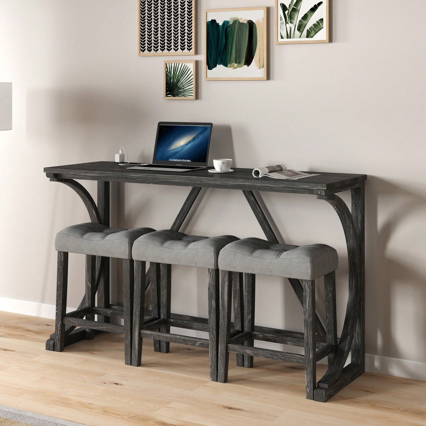 Industrial 4 Piece Bar Table Set With Power Outlet For Dining Room Living Room Game Room