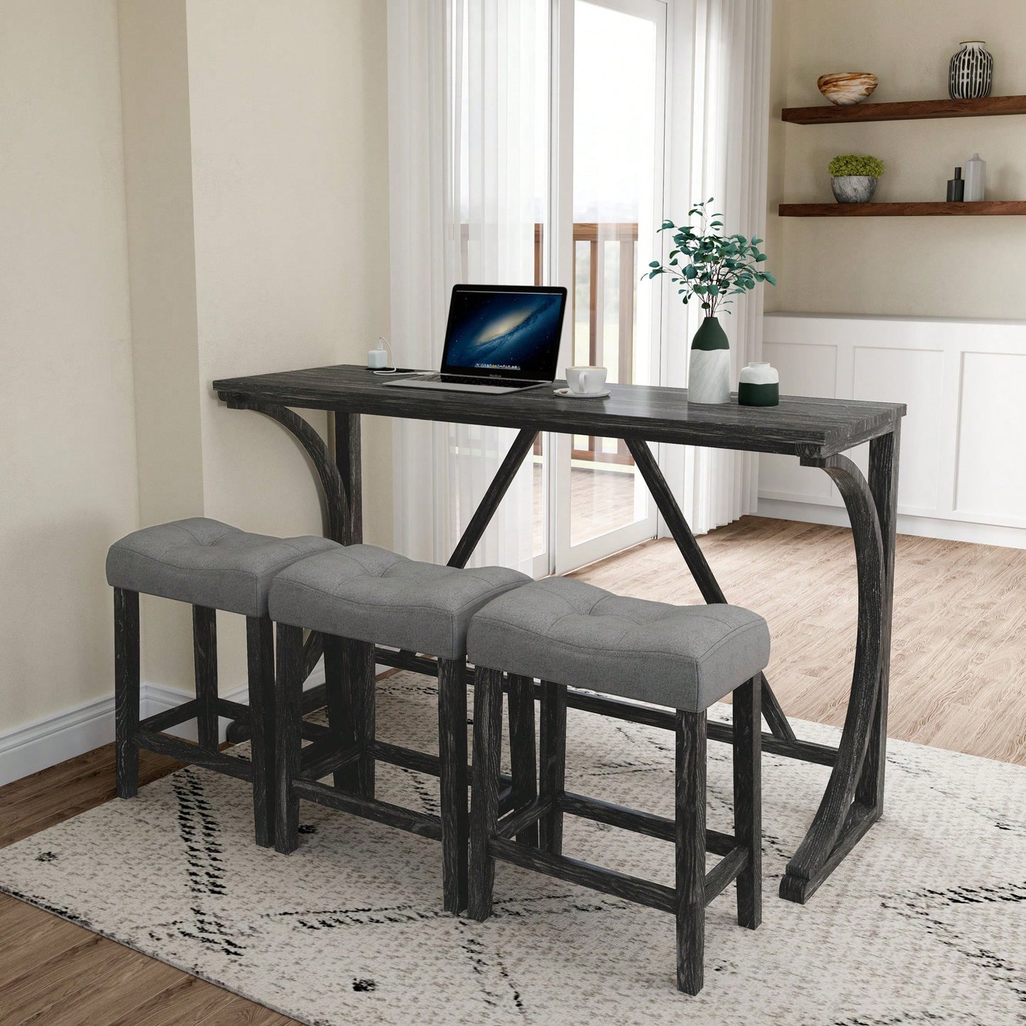Industrial 4 Piece Bar Table Set With Power Outlet For Dining Room Living Room Game Room