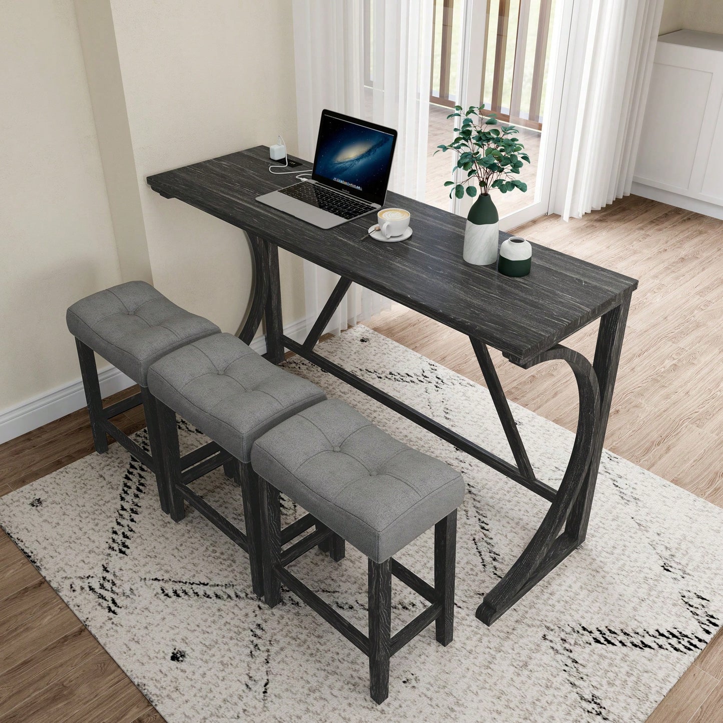 Industrial 4 Piece Bar Table Set With Power Outlet For Dining Room Living Room Game Room