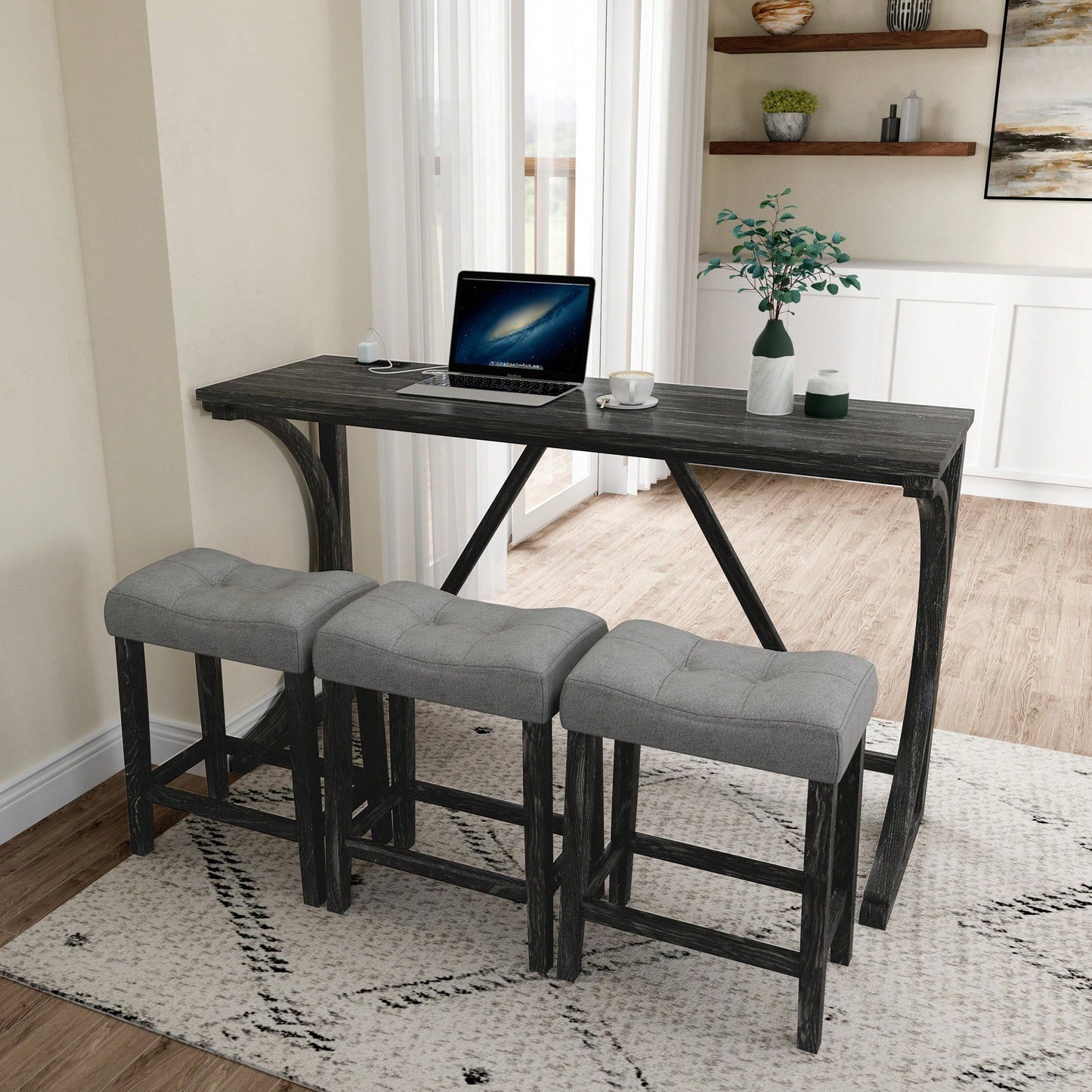 Industrial 4 Piece Bar Table Set With Power Outlet For Dining Room Living Room Game Room