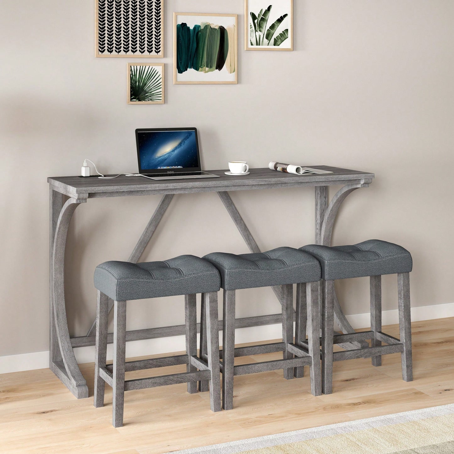 Industrial 4 Piece Bar Table Set With Power Outlet For Dining Room Living Room Game Room