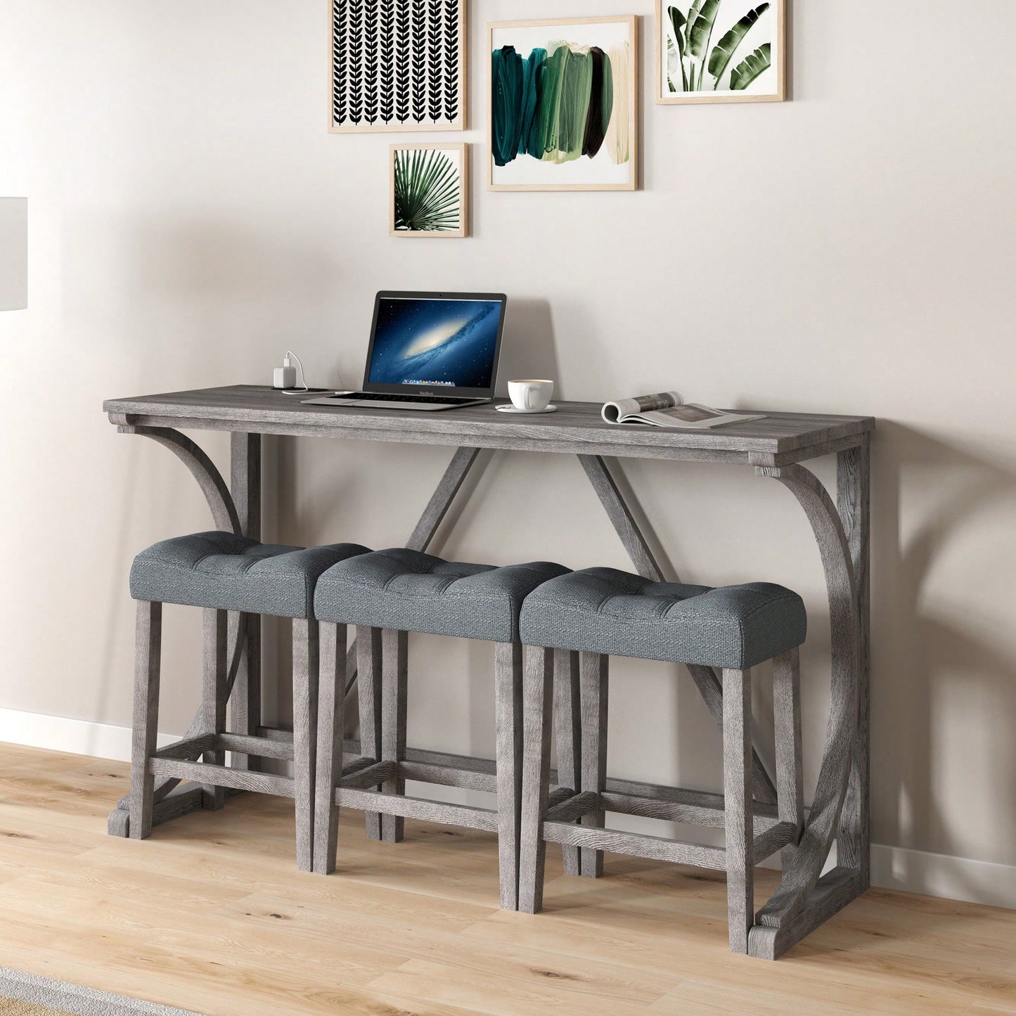 Industrial 4 Piece Bar Table Set With Power Outlet For Dining Room Living Room Game Room