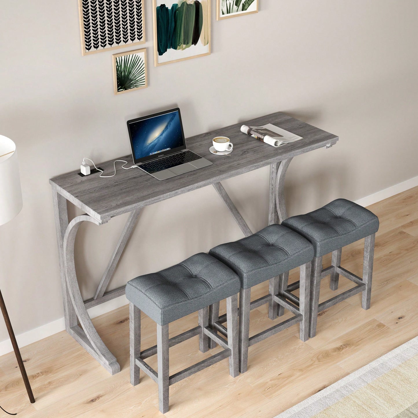 Industrial 4 Piece Bar Table Set With Power Outlet For Dining Room Living Room Game Room