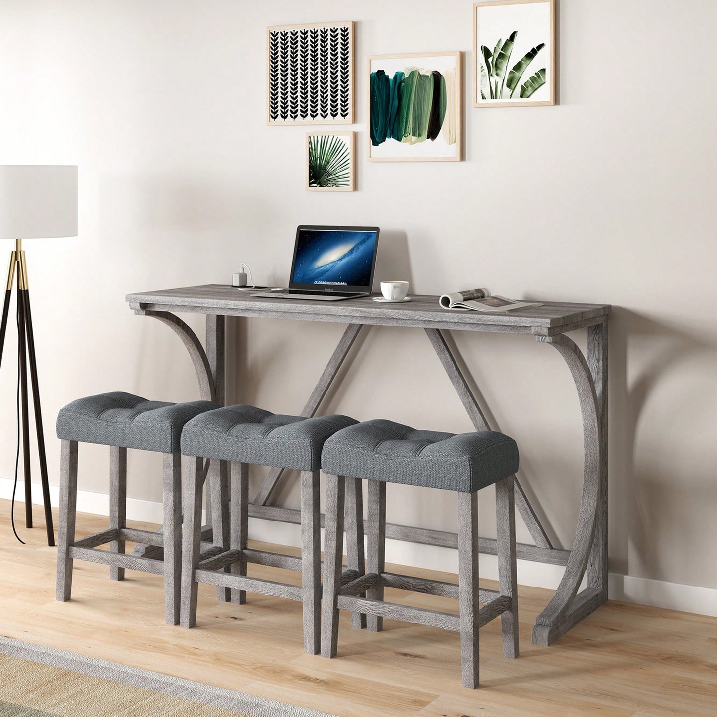 Industrial 4 Piece Bar Table Set With Power Outlet For Dining Room Living Room Game Room