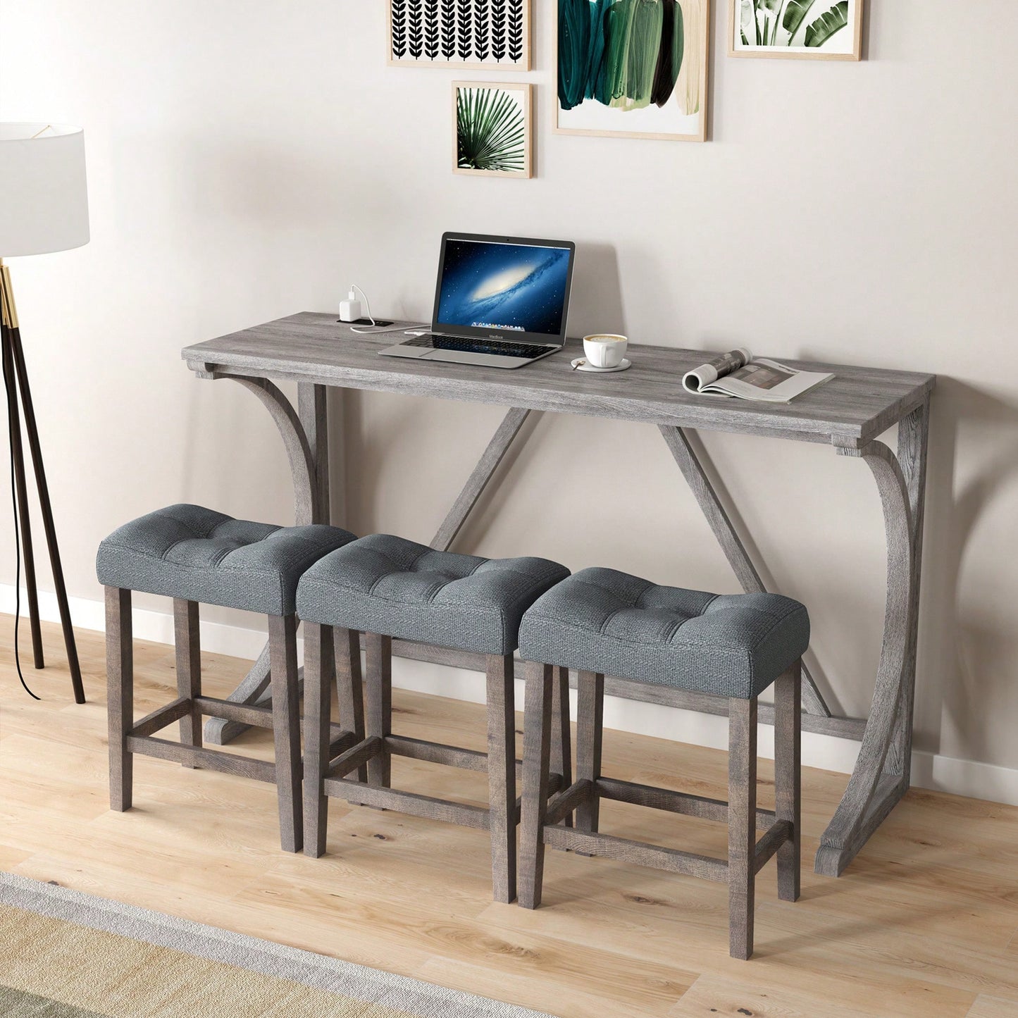 Industrial 4 Piece Bar Table Set With Power Outlet For Dining Room Living Room Game Room