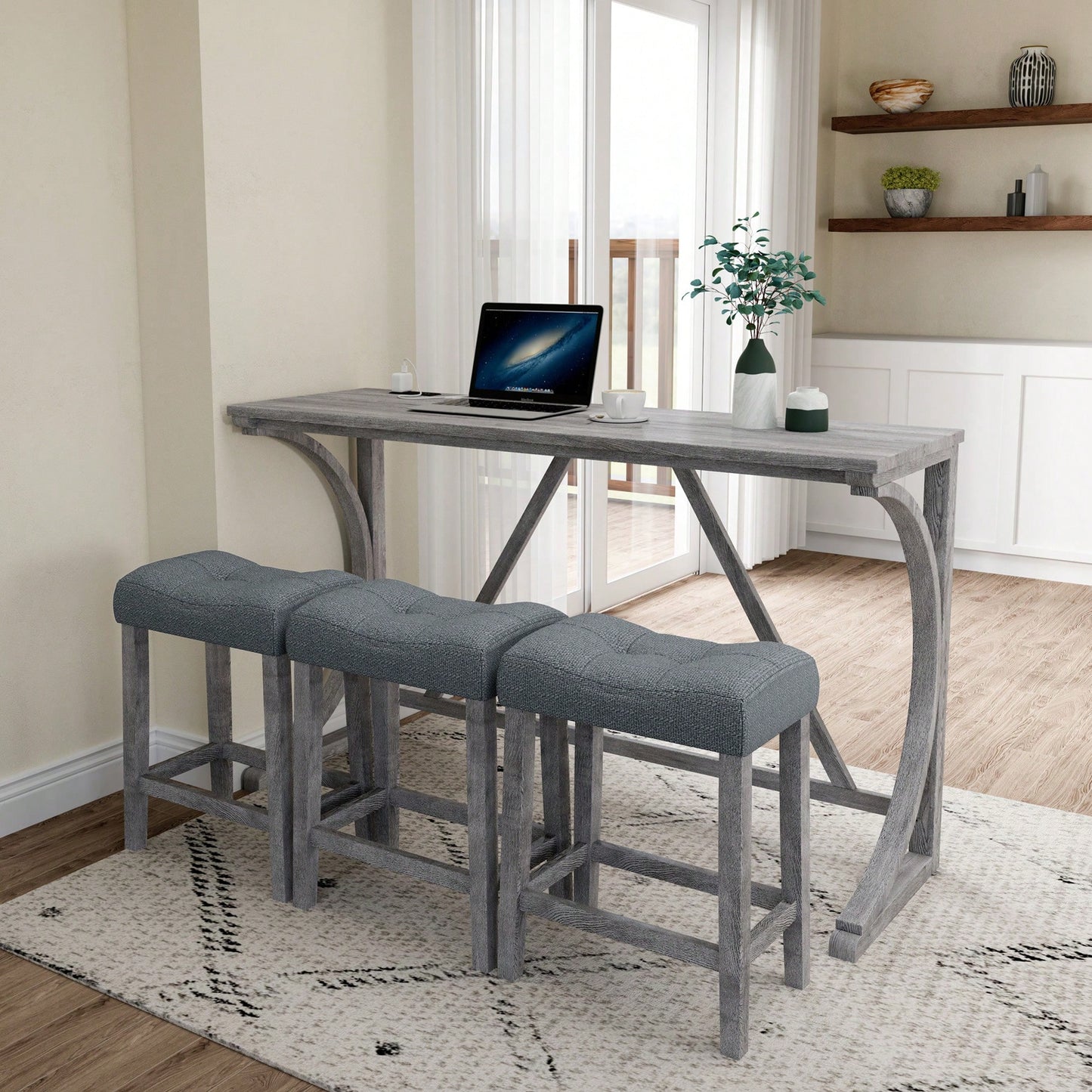 Industrial 4 Piece Bar Table Set With Power Outlet For Dining Room Living Room Game Room