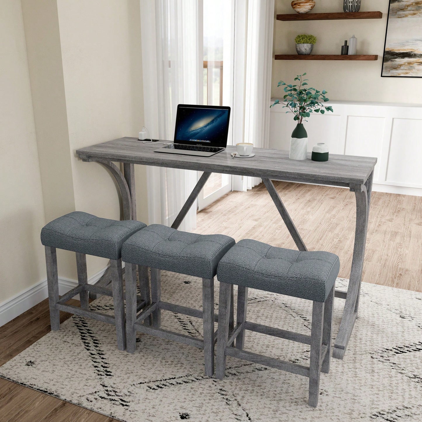 Industrial 4 Piece Bar Table Set With Power Outlet For Dining Room Living Room Game Room