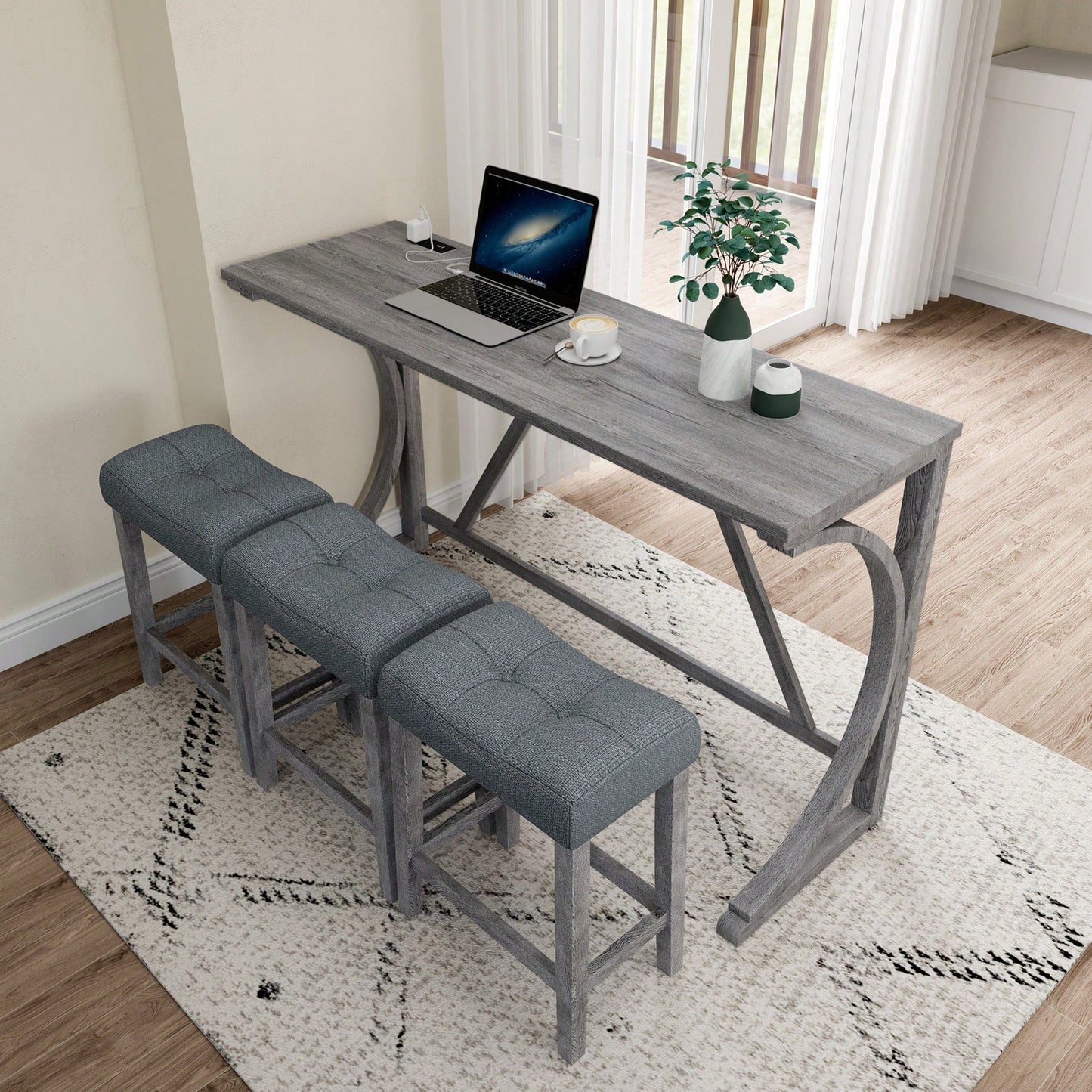 Industrial 4 Piece Bar Table Set With Power Outlet For Dining Room Living Room Game Room