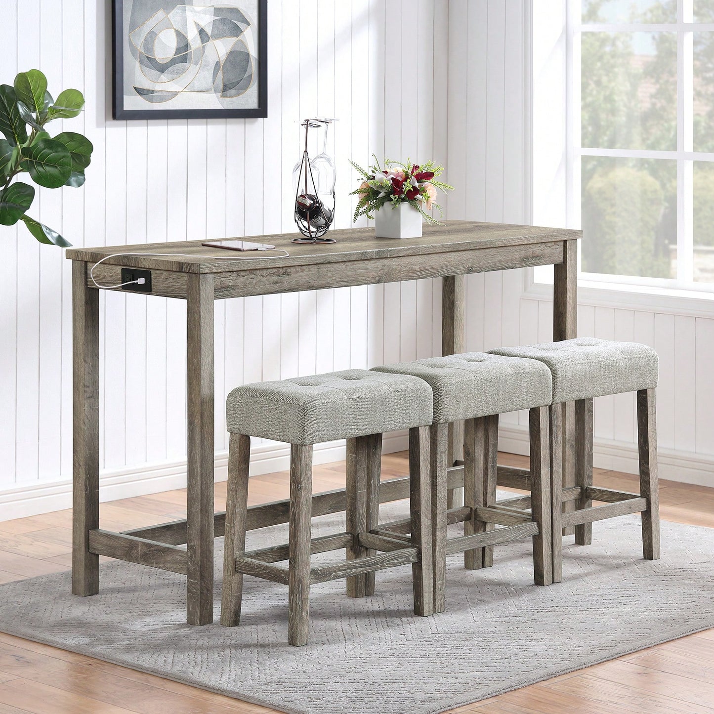 Industrial 4 Piece Bar Table Set With Power Outlet For Dining Room Living Room Game Room