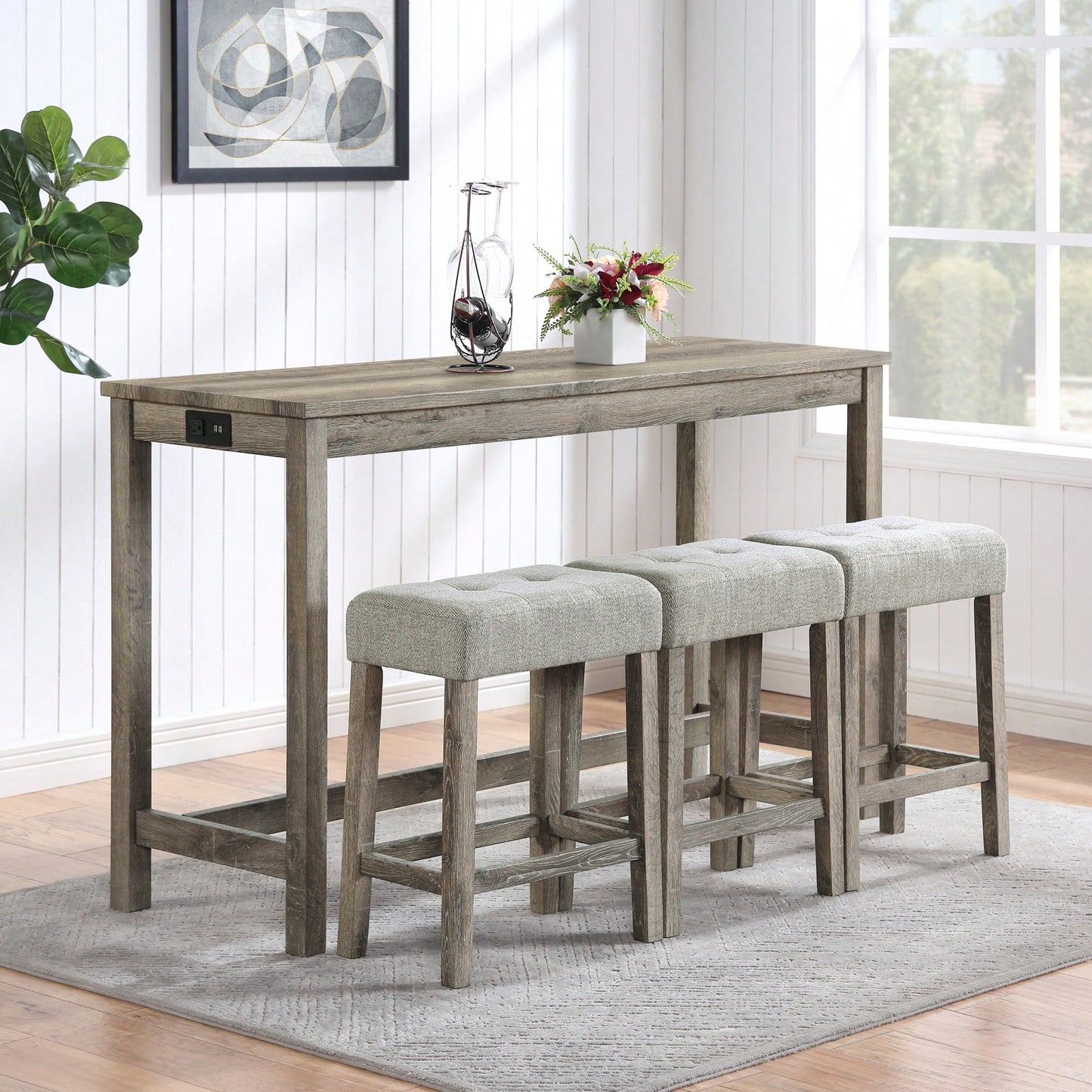 Industrial 4 Piece Bar Table Set With Power Outlet For Dining Room Living Room Game Room