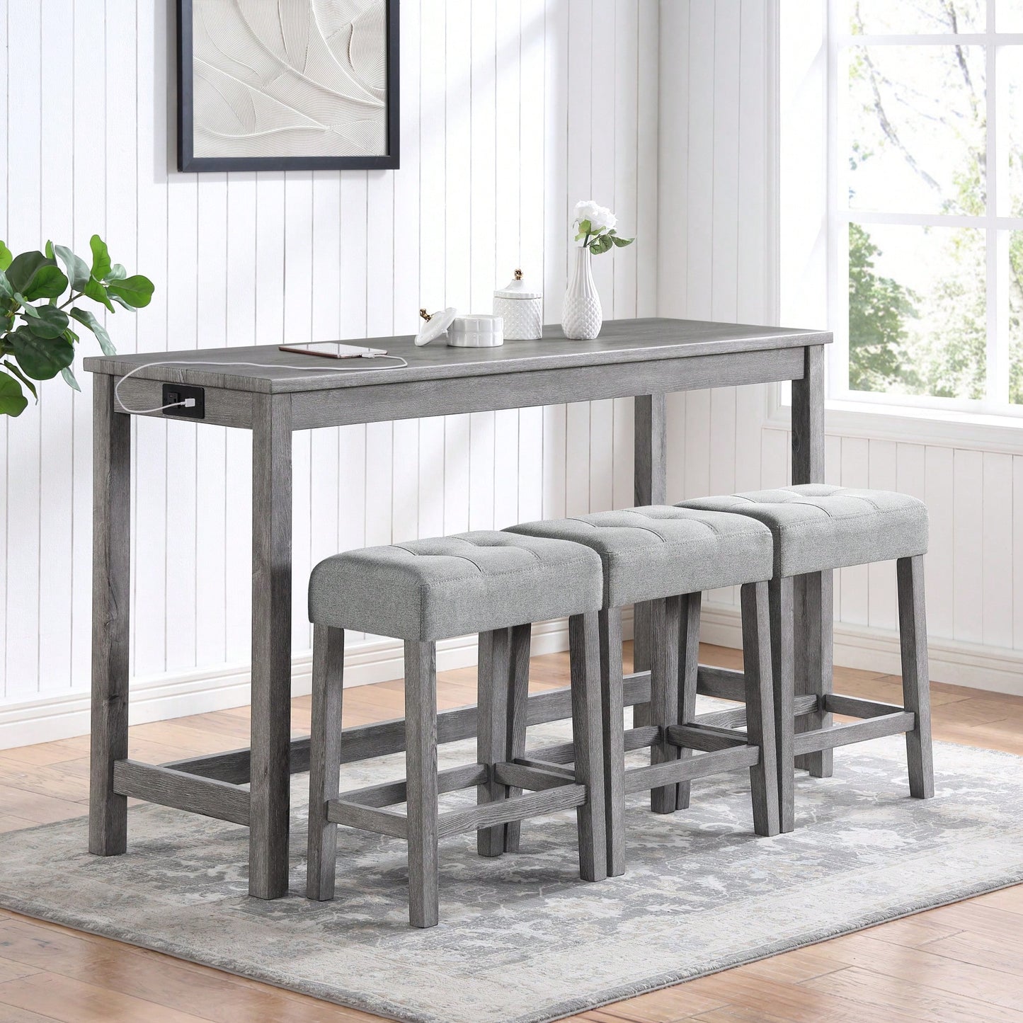 Industrial 4 Piece Bar Table Set With Power Outlet For Dining Room Living Room Game Room