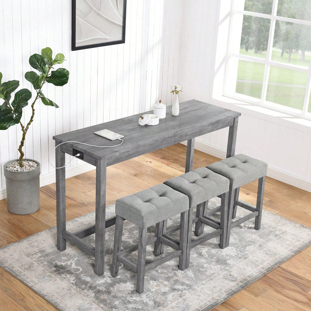 Industrial 4 Piece Bar Table Set With Power Outlet For Dining Room Living Room Game Room