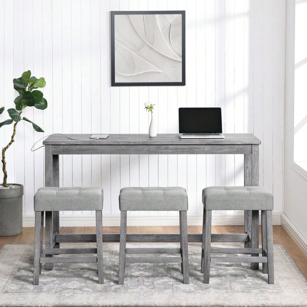 Industrial 4 Piece Bar Table Set With Power Outlet For Dining Room Living Room Game Room