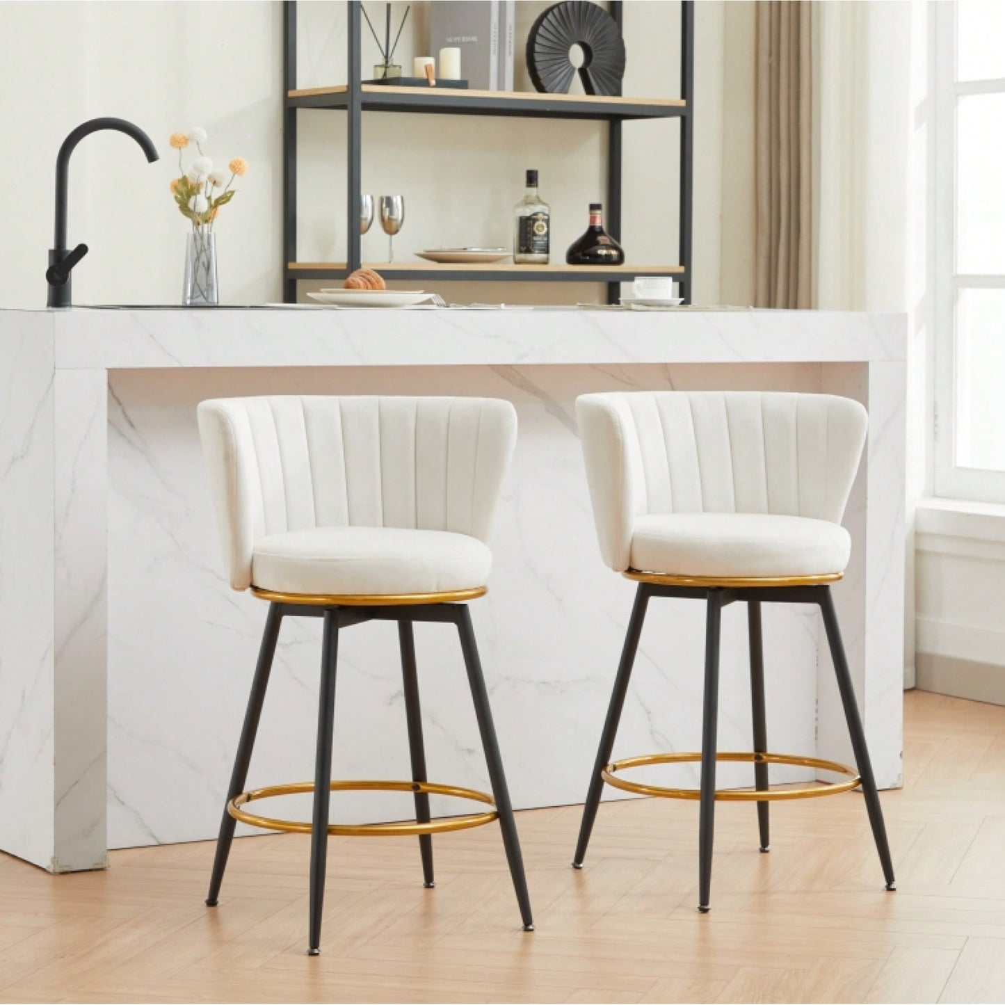 360° Swivel Upholstered Counter Height Bar Stools Set Of 2 With Backs Metal Legs Velvet Fabric And Gold Footrest 26 Inch Seat Height