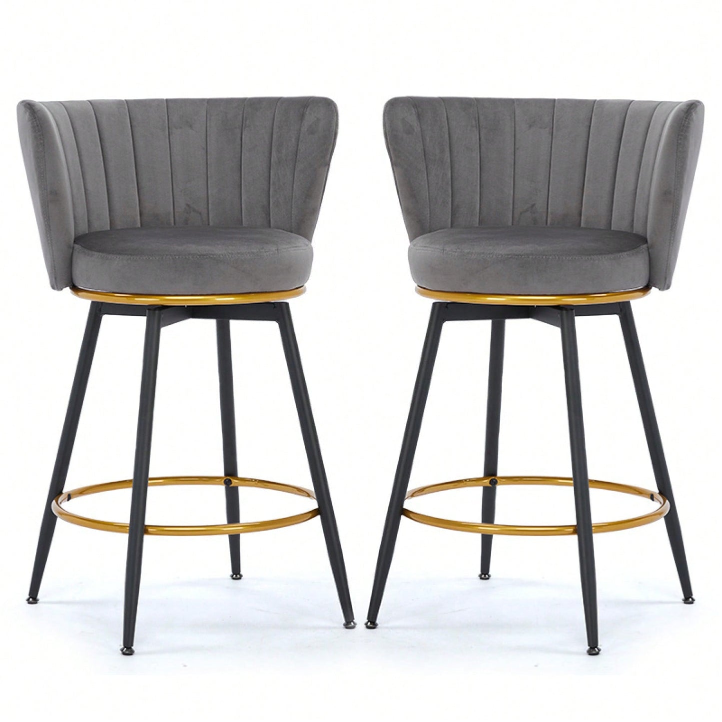 360° Swivel Upholstered Counter Height Bar Stools Set Of 2 With Backs Metal Legs Velvet Fabric And Gold Footrest 26 Inch Seat Height