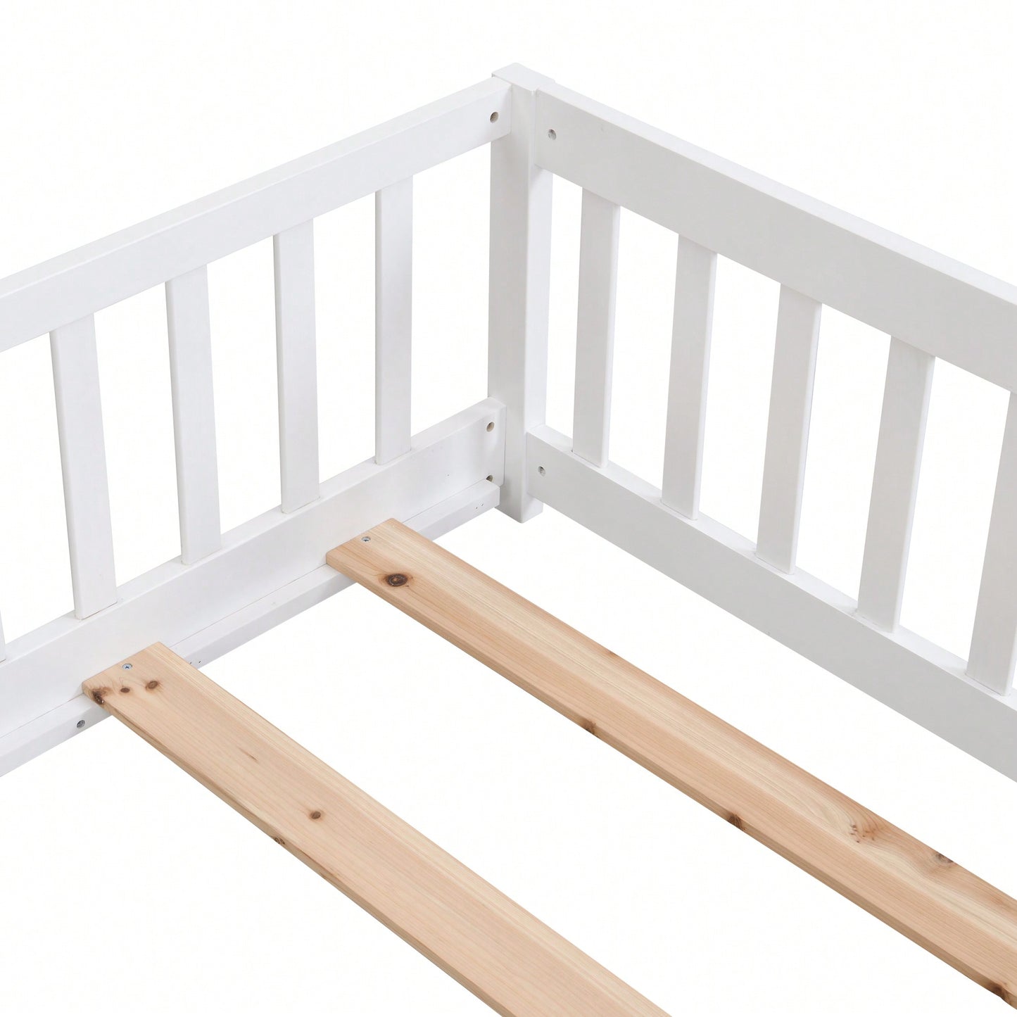 Natural Pine Wood Queen Size Floor Bed With Safety Fence Ideal For Kids