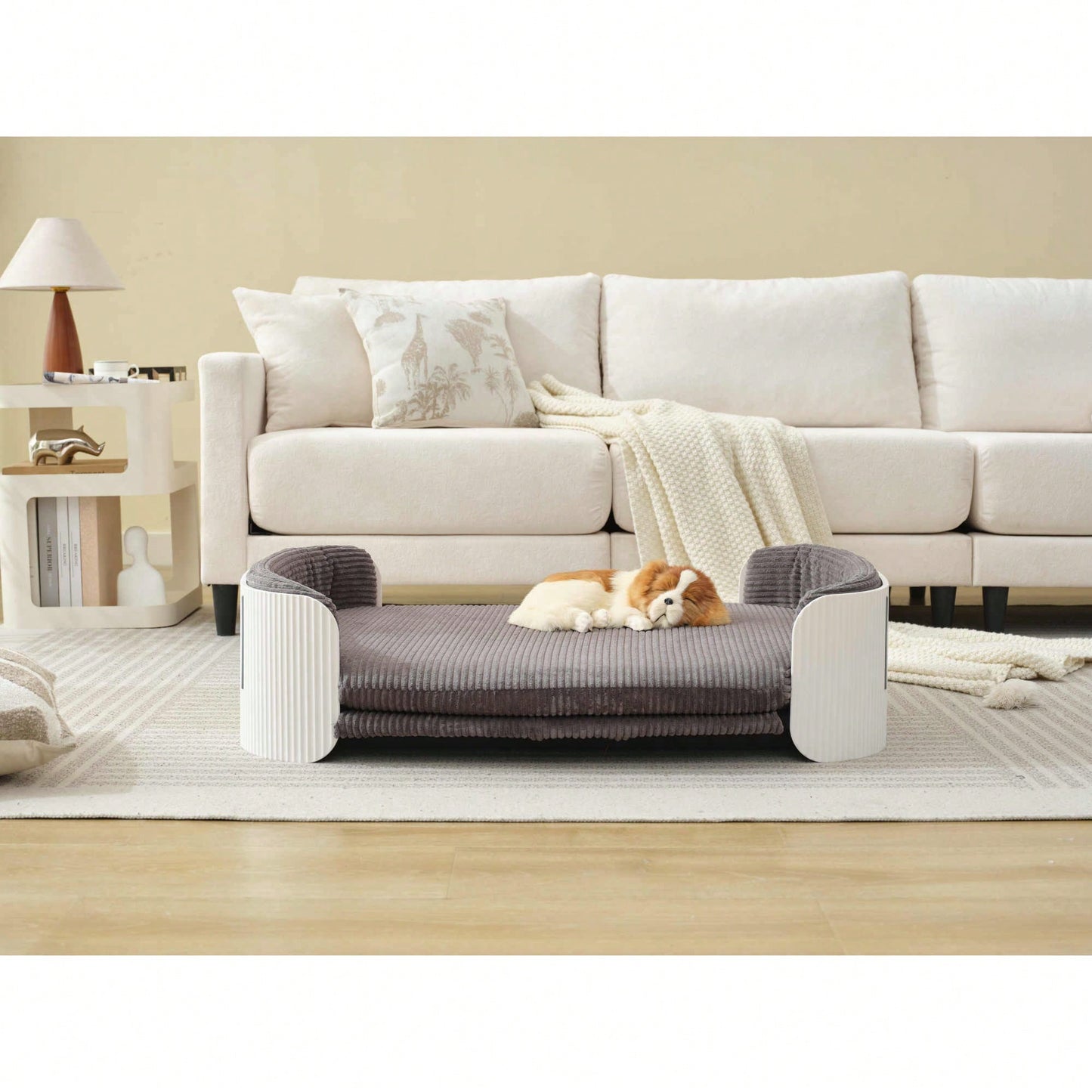 Scandinavian Style Elevated Cat Sofa Bed With Removable Mattress Cover For Indoor Cats And Large Pets In White And Brown