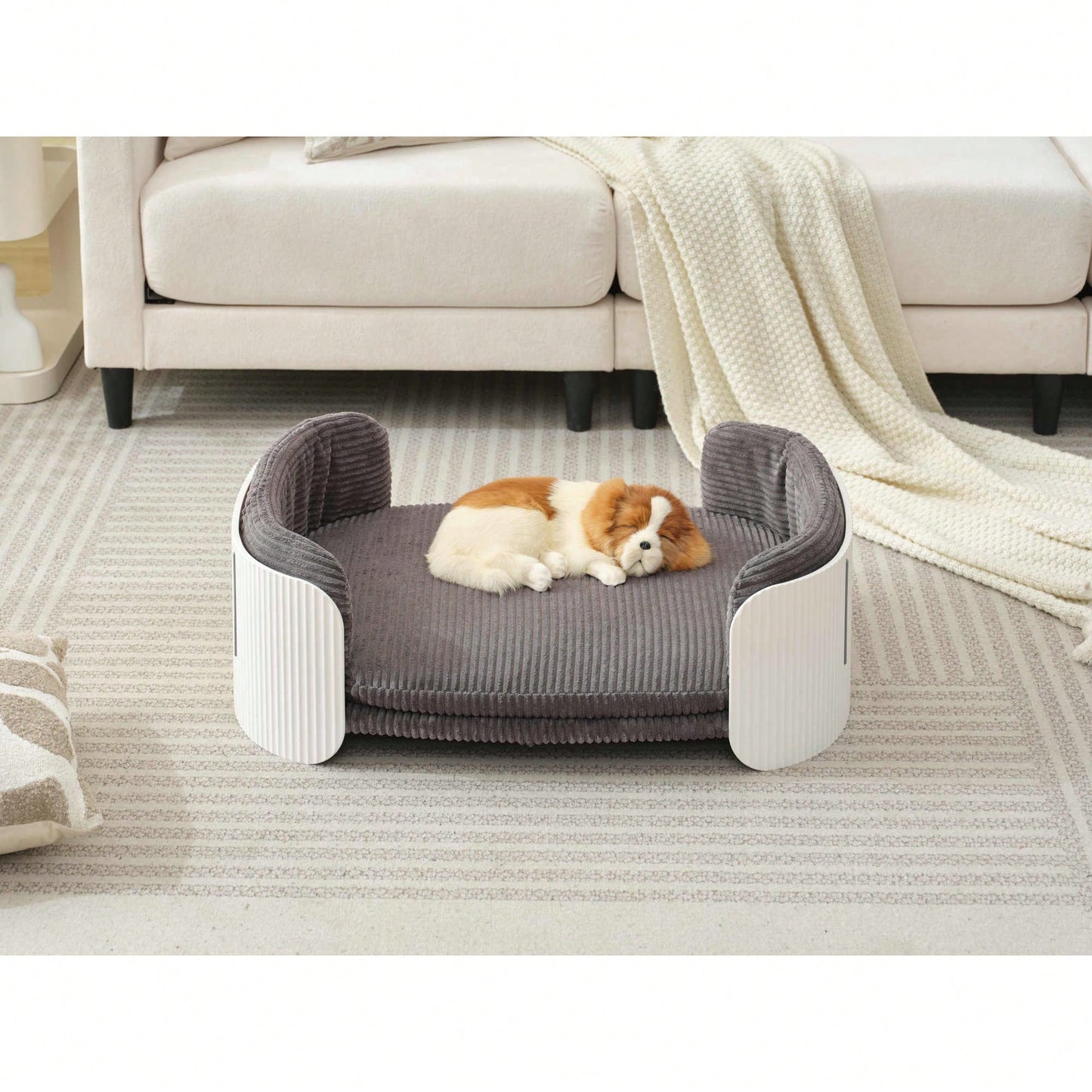 Scandinavian Style Elevated Cat Couch Bed With Removable Mattress Cover For Indoor Cats And Small Pets In White And Grey
