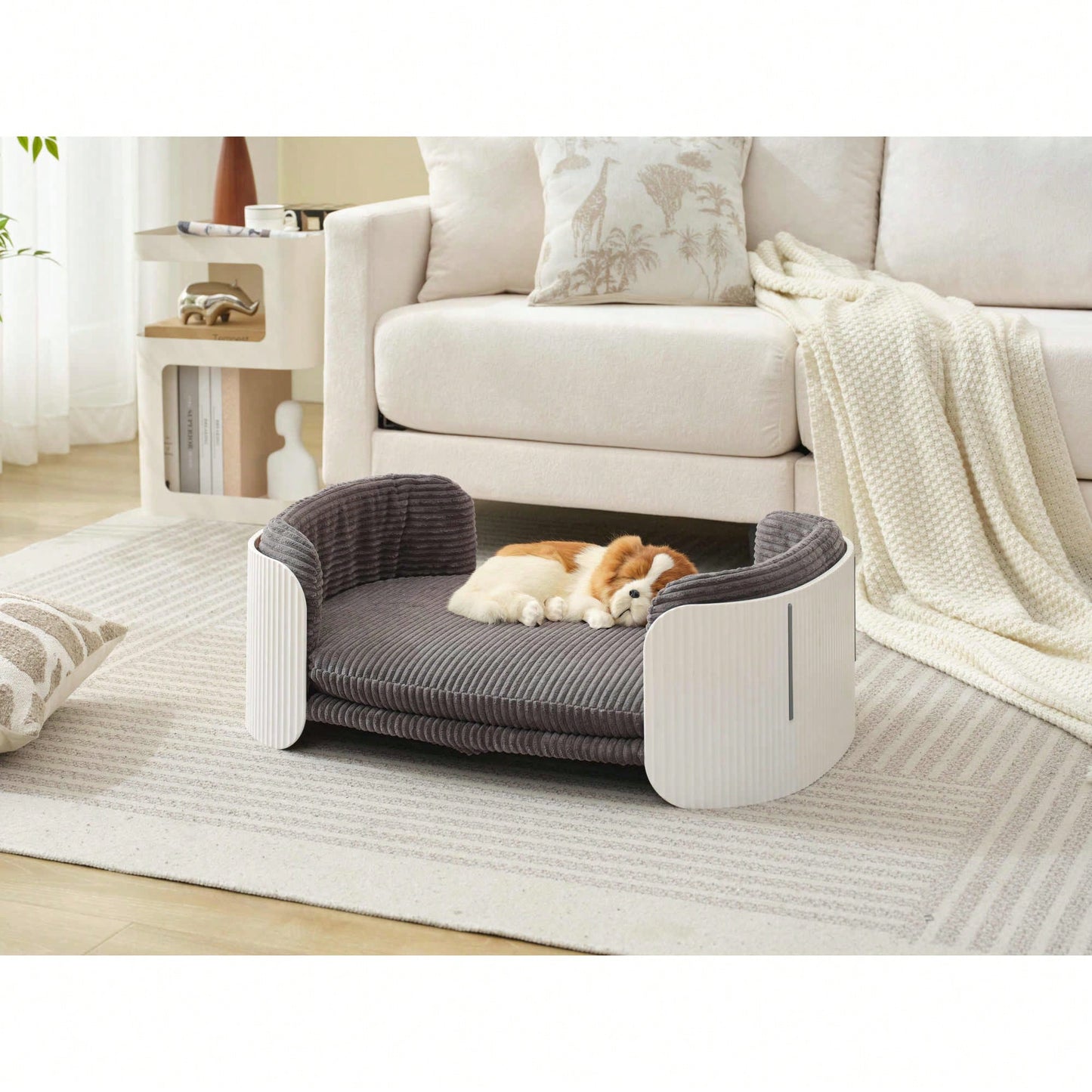 Scandinavian Style Elevated Cat Couch Bed With Removable Mattress Cover For Indoor Cats And Small Pets In White And Grey