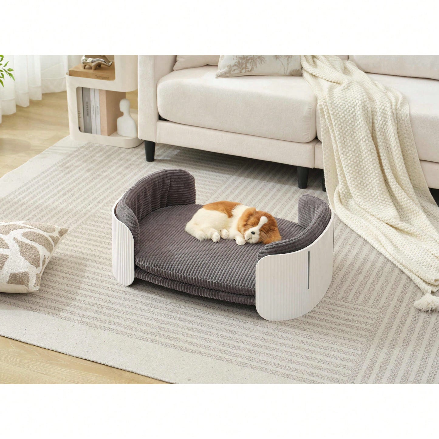 Scandinavian Style Elevated Cat Couch Bed With Removable Mattress Cover For Indoor Cats And Small Pets In White And Grey